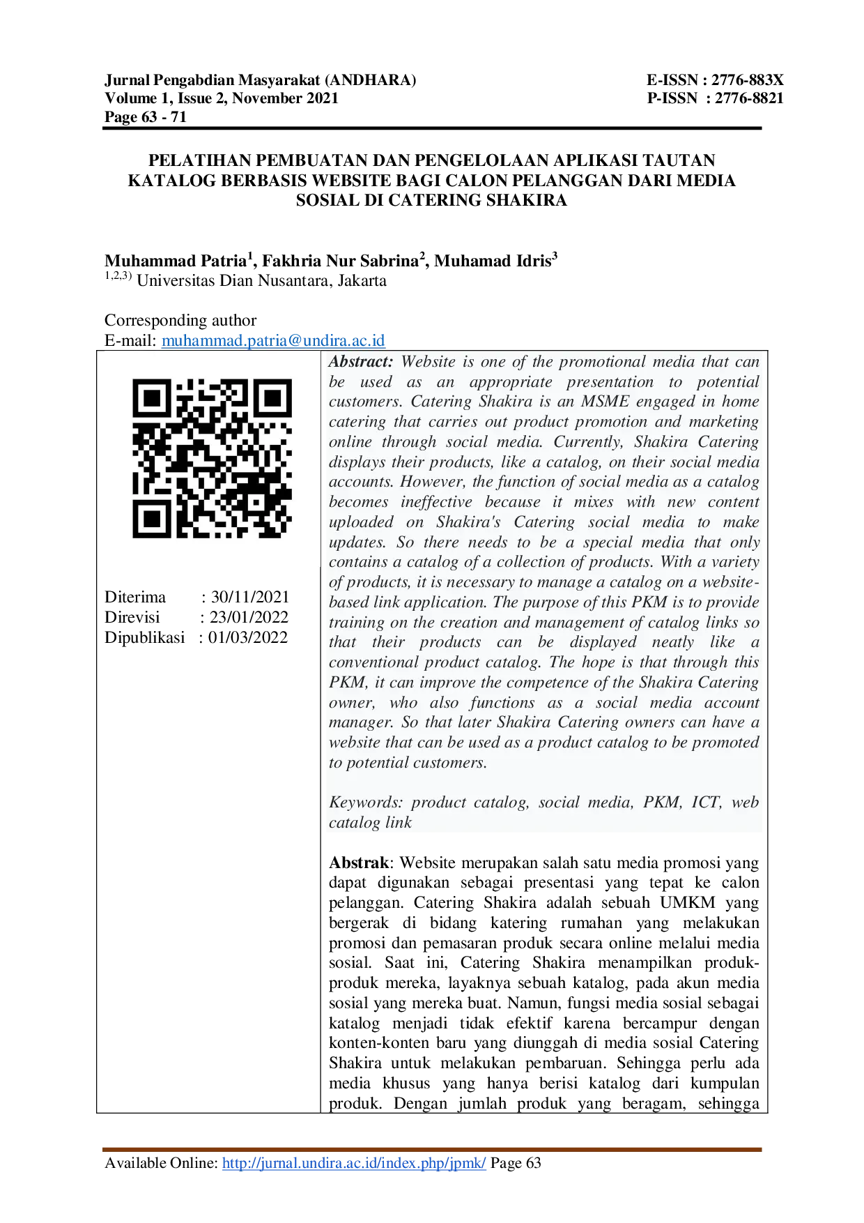 JURIS Pelatihan Pembuatan dan Pengelolaan Aplikasi Tautan Katalog Berbasis Website Bagi Calon Pelanggan dari Media Sosial di Catering Shakira