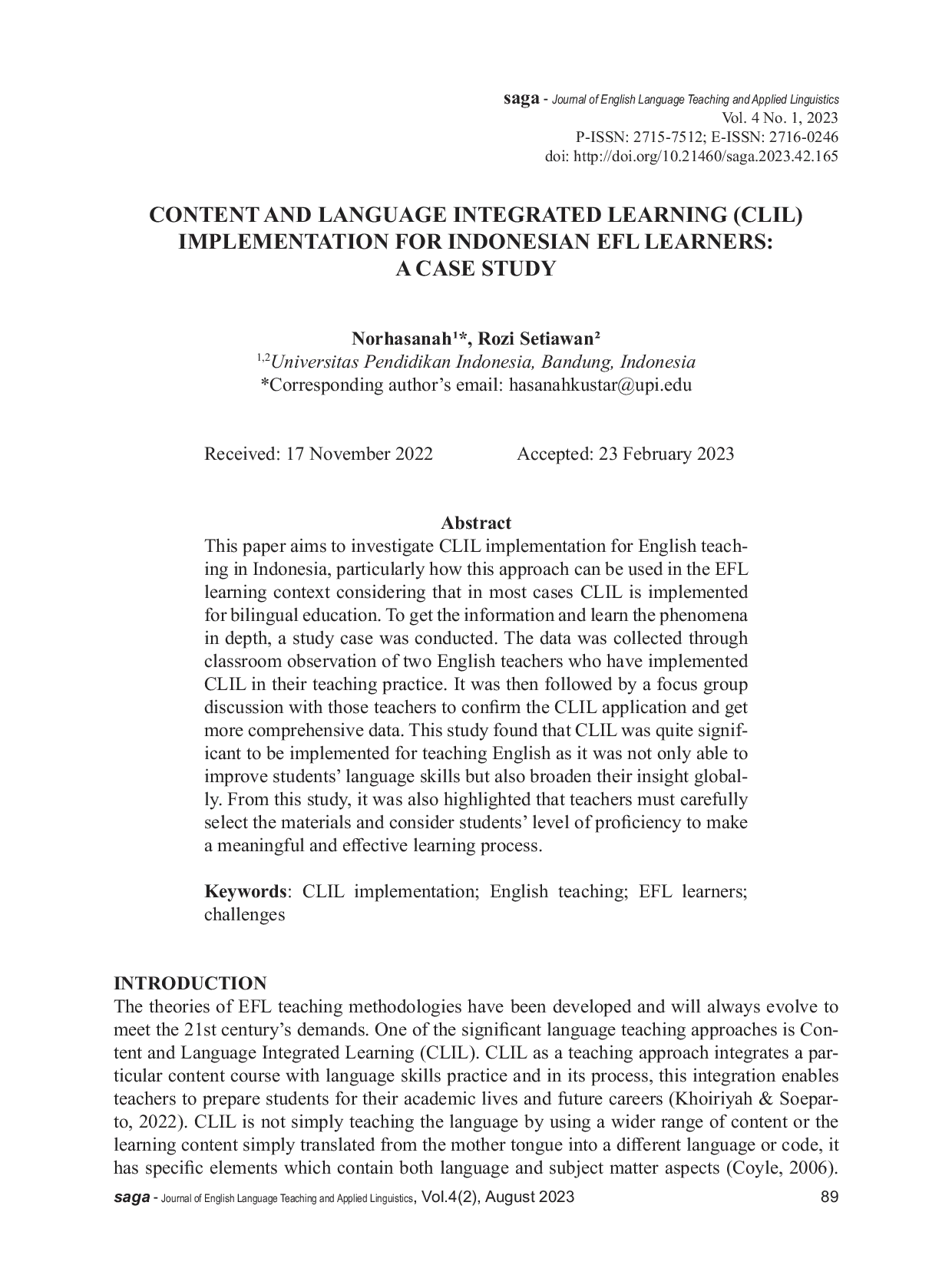 JURIS Content and Language Integrated Learning CLIL Implementation for Indonesian EFL Learners A Case Study