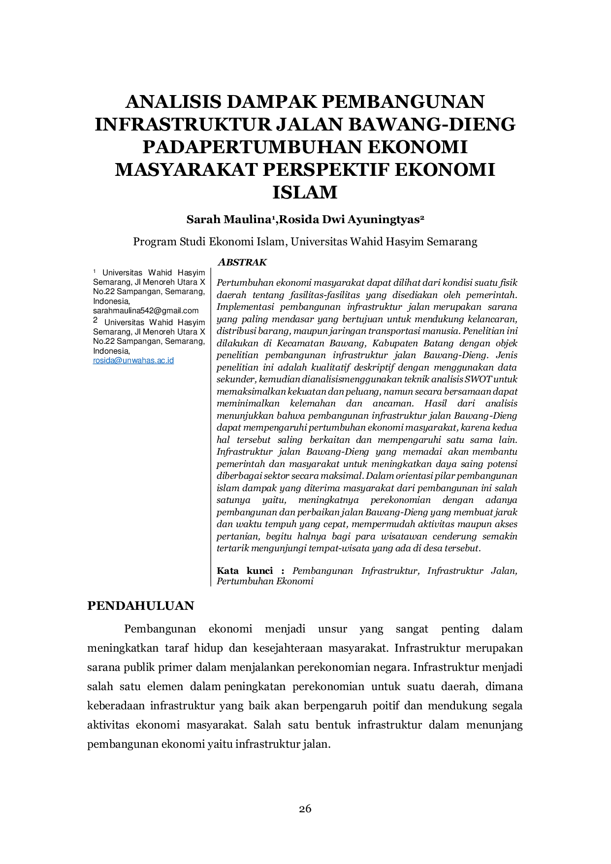 JURIS Analisis Dampak Pembangunan Infrastruktur Jalan Bawang Dieng Pada Pertumbuhan Ekonomi Masyarakat Perspektif Ekonomi Islam