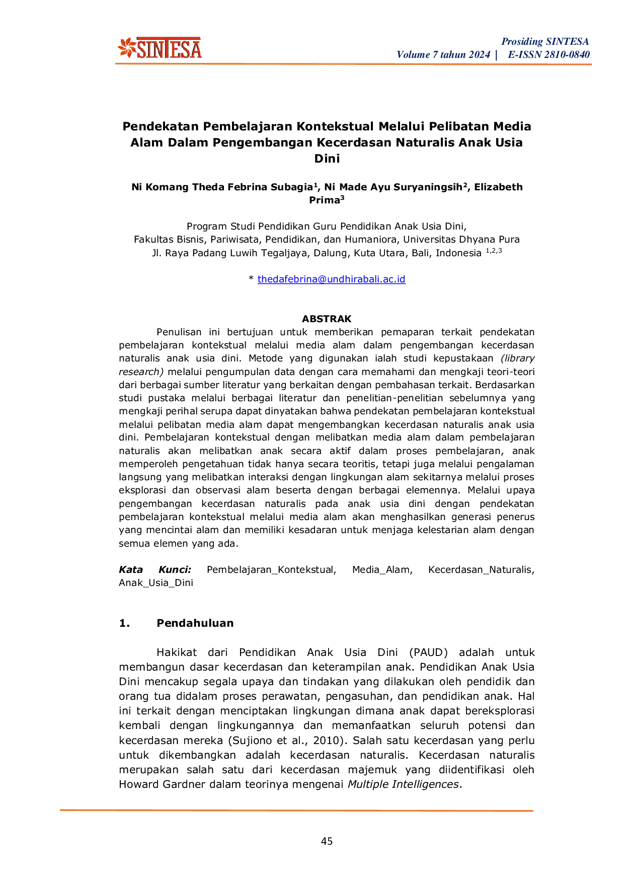 JURIS Pendekatan Pembelajaran Kontekstual Melalui Pelibatan Media Alam Dalam Pengembangan Kecerdasan Naturalis Anak Usia Dini