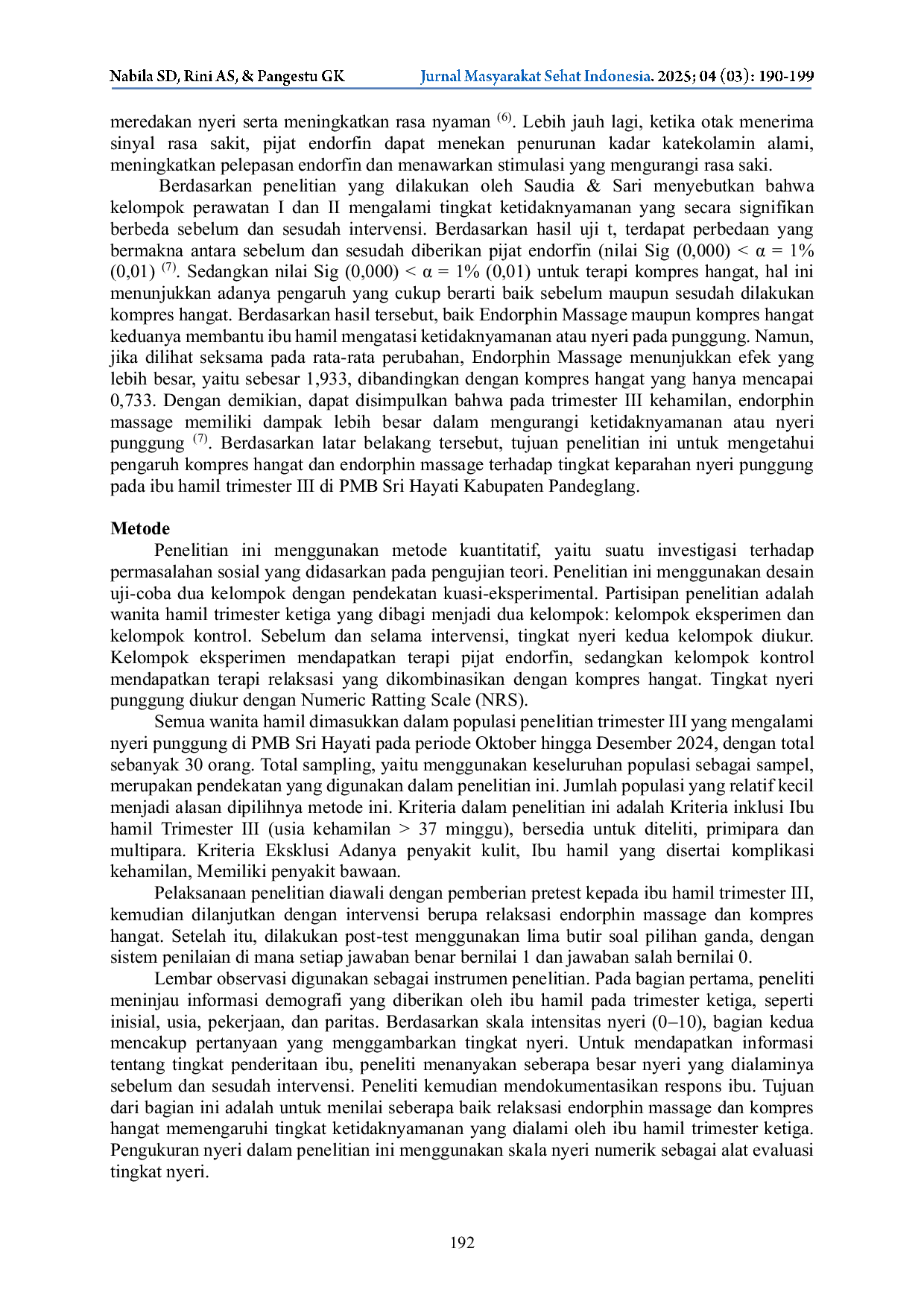 JURIS Efektivitas Endorphin Massage dan Kompres Hangat terhadap Intensitas Nyeri Punggung pada Ibu Hamil Trimester III