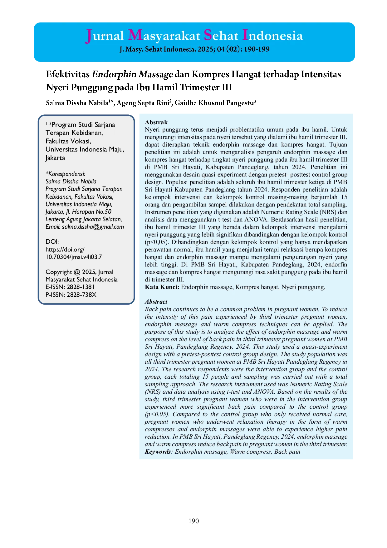 JURIS Efektivitas Endorphin Massage dan Kompres Hangat terhadap Intensitas Nyeri Punggung pada Ibu Hamil Trimester III
