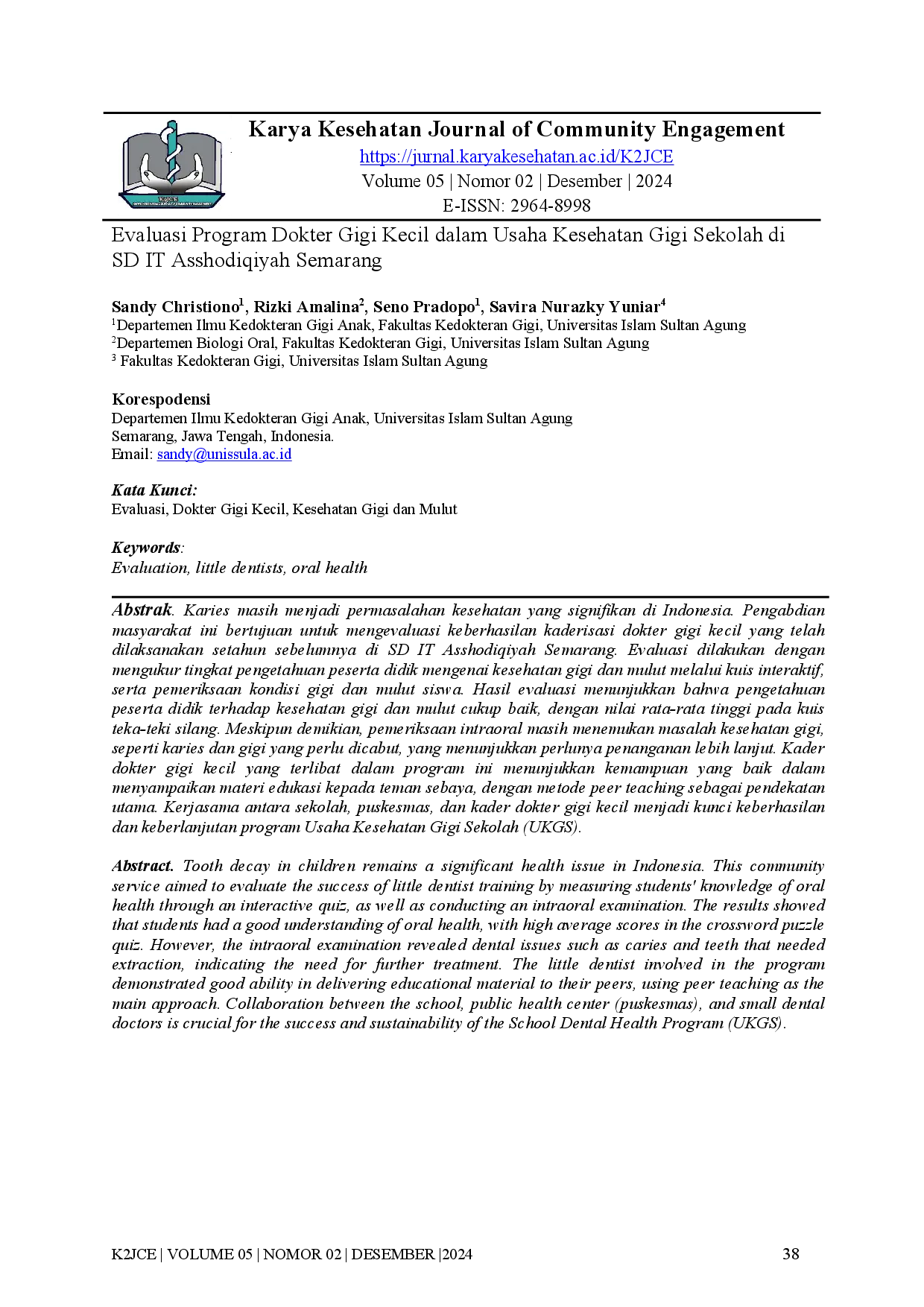 juris Evaluasi Program Dokter Gigi Kecil dalam Usaha Kesehatan Gigi Sekolah di SD IT Asshodiqiyah Semarang