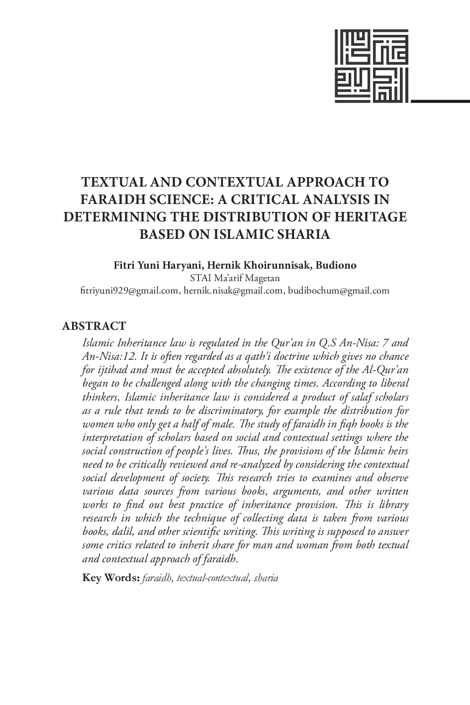 JURIS Textual And Contextual Approach To Faraidh Science A Critical Analysis In Determining The Distribution Of Heritage Based On Islamic Sharia
