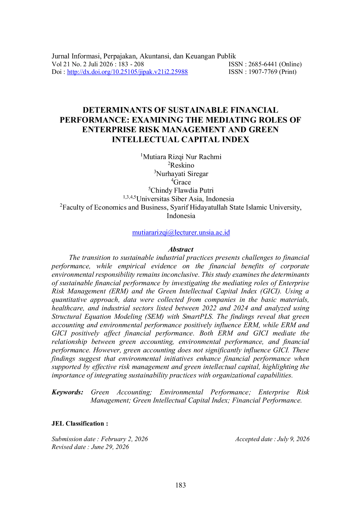 JURIS Determinants Of Sustainable Financial Performance Examining The Mediating Roles Of Enterprise Risk Management And Green Intellectual Capital Index