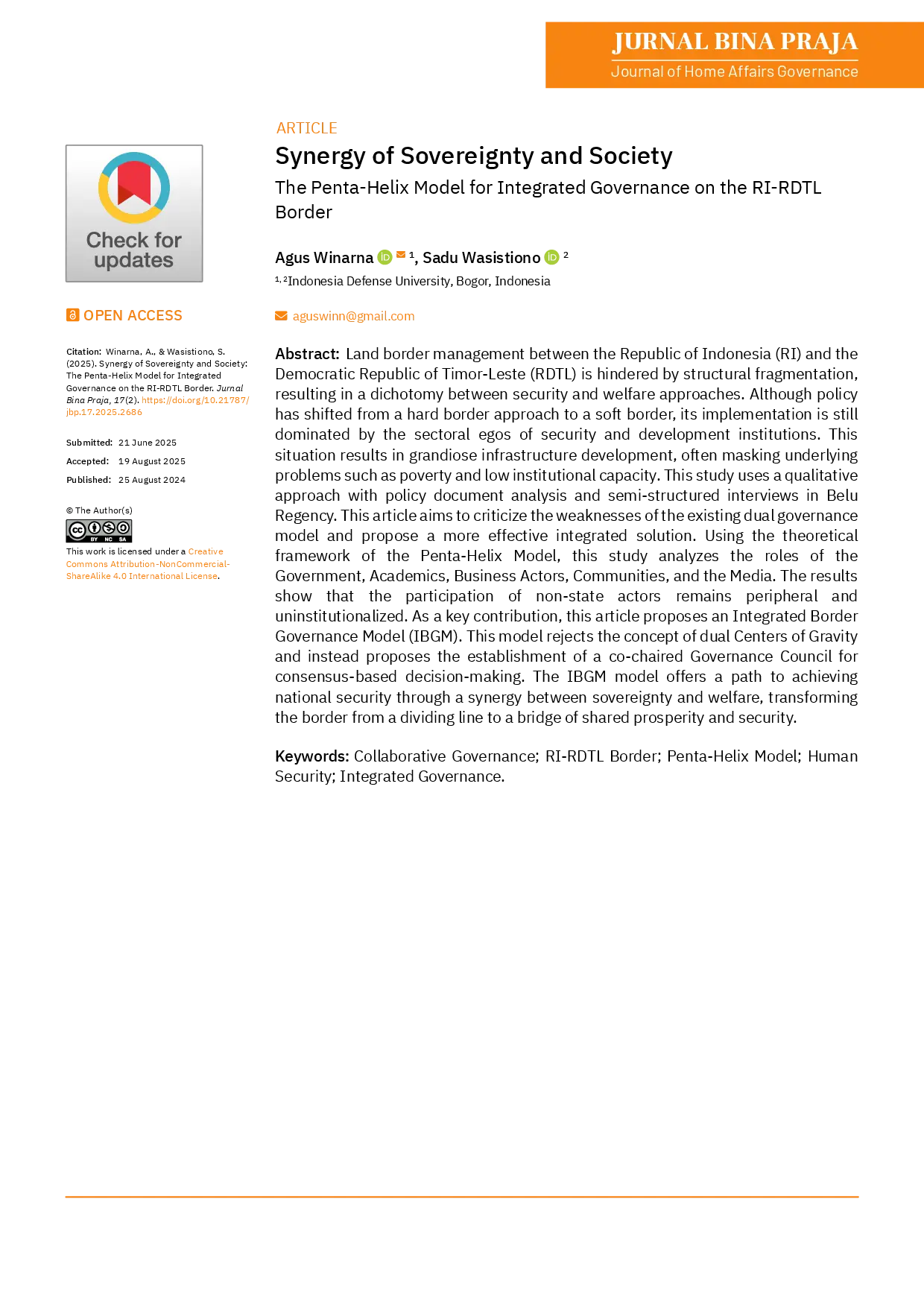 juris Sinergi Kedaulatan dan Masyarakat Model Penta Helix untuk Tata Kelola Terpadu di Perbatasan RI RDTL