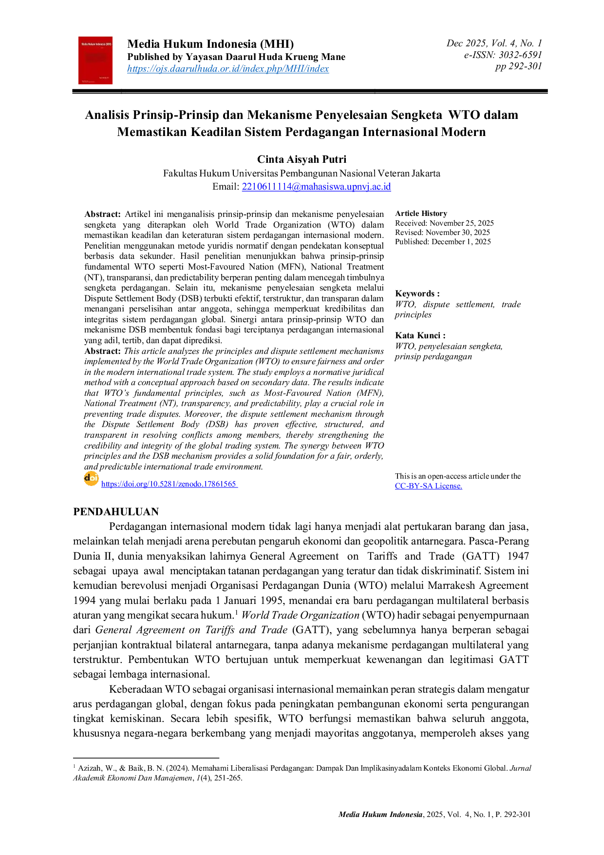 JURIS Analisis Prinsip Prinsip dan Mekanisme Penyelesaian Sengketa WTO dalam Memastikan Keadilan Sistem Perdagangan Internasional Modern