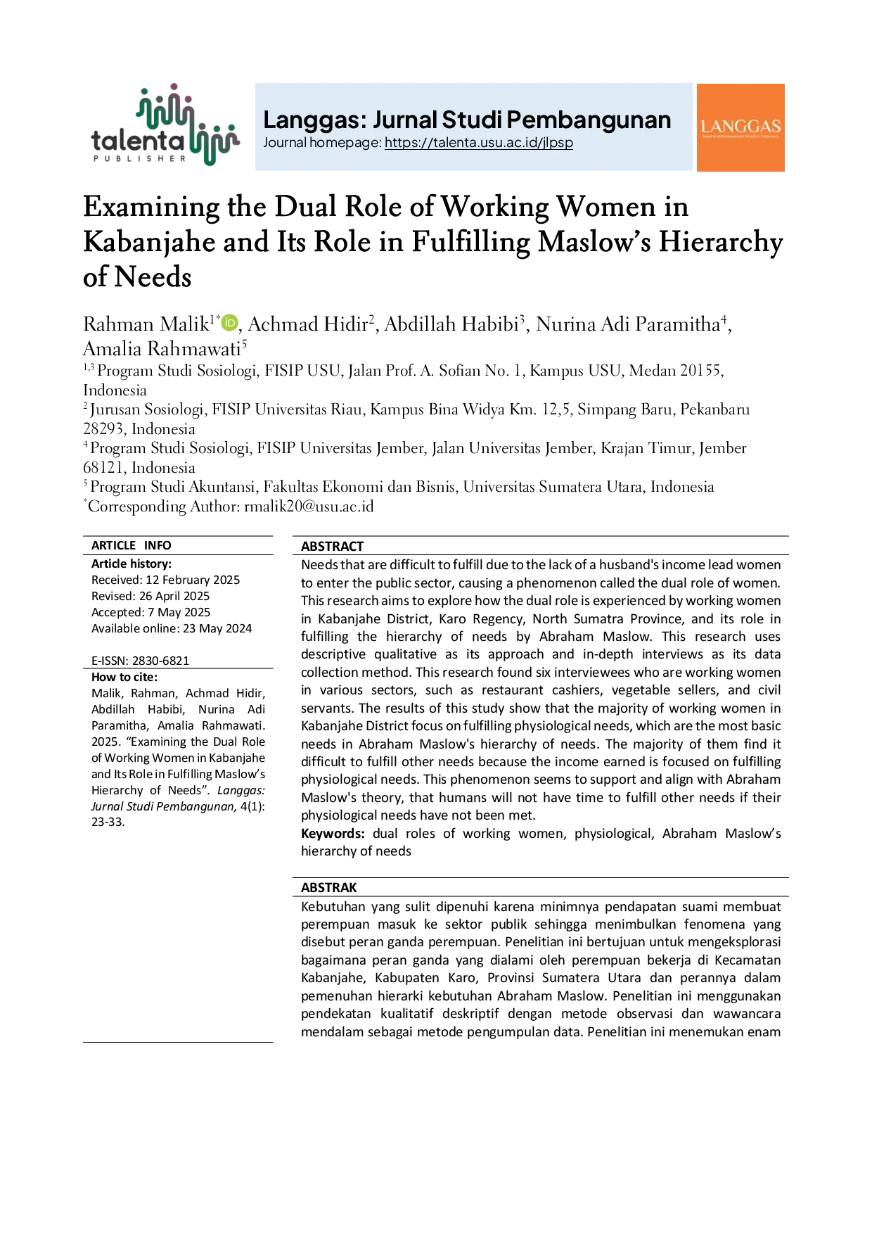 JURIS Examining the Dual Role of Working Women in Kabanjahe and Its Role in Fulfilling Maslow s Hierarchy of Needs