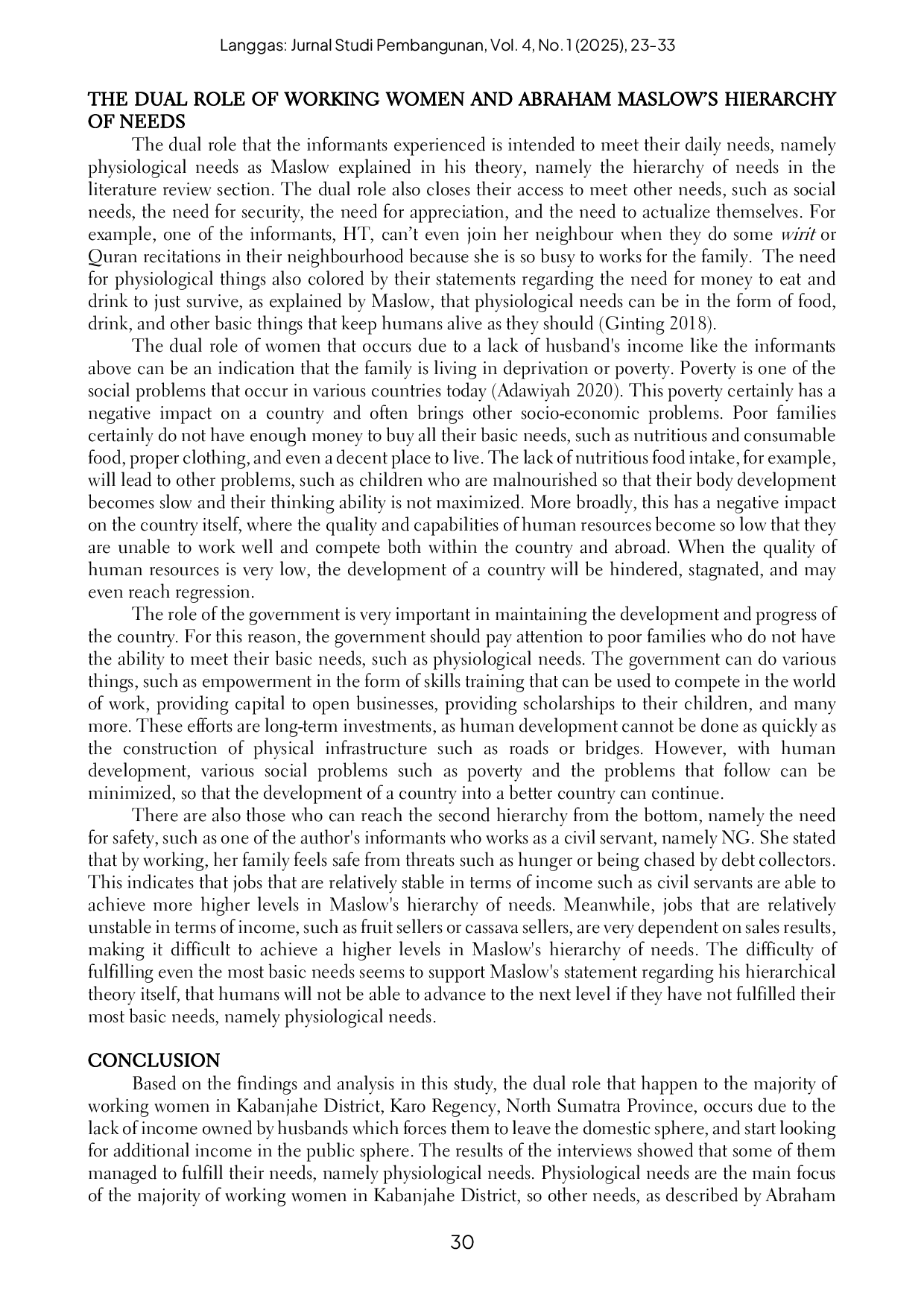 JURIS Examining the Dual Role of Working Women in Kabanjahe and Its Role in Fulfilling Maslow s Hierarchy of Needs