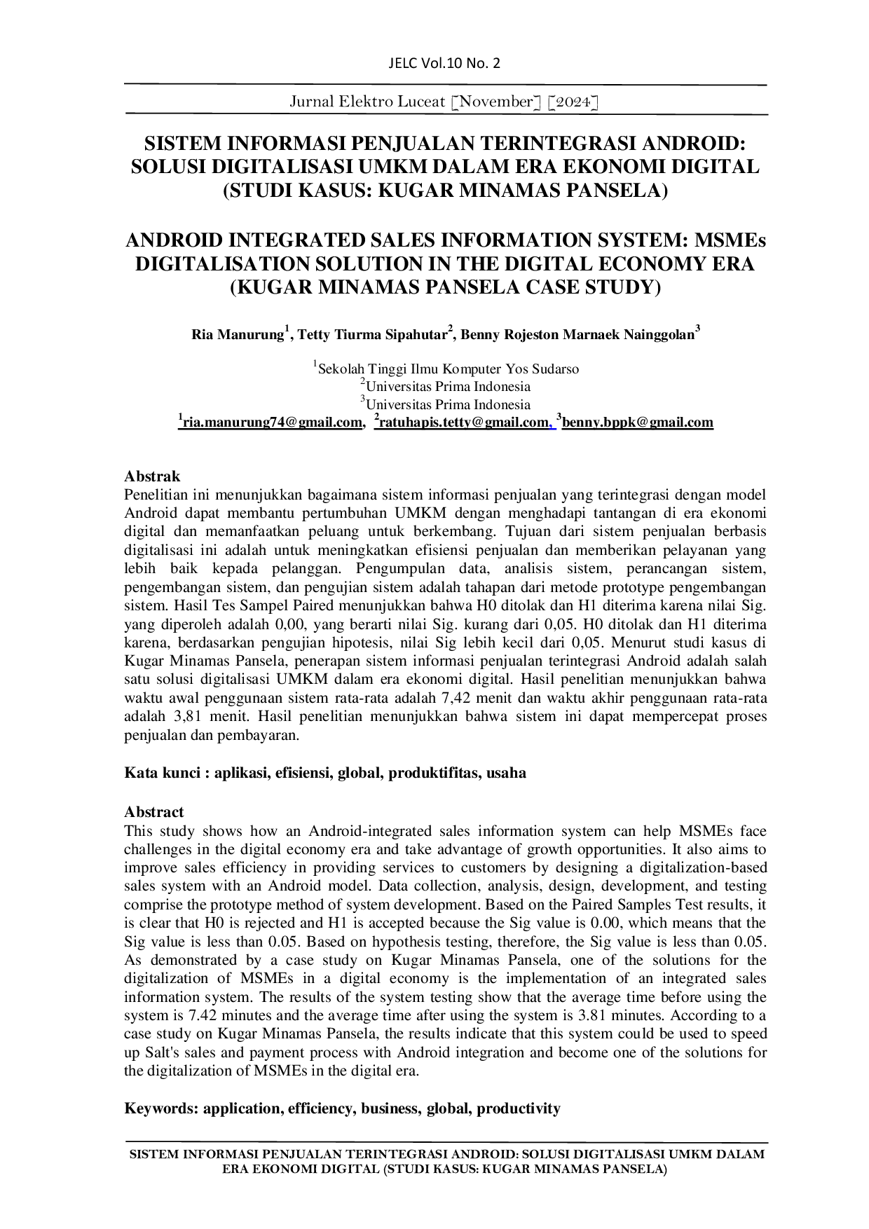JURIS Sistem Informasi Penjualan Terintegrasi Android Solusi Digitalisasi UMKM dalam Era Ekonomi Digital Studi Kasus Kugar Minamas Pansela