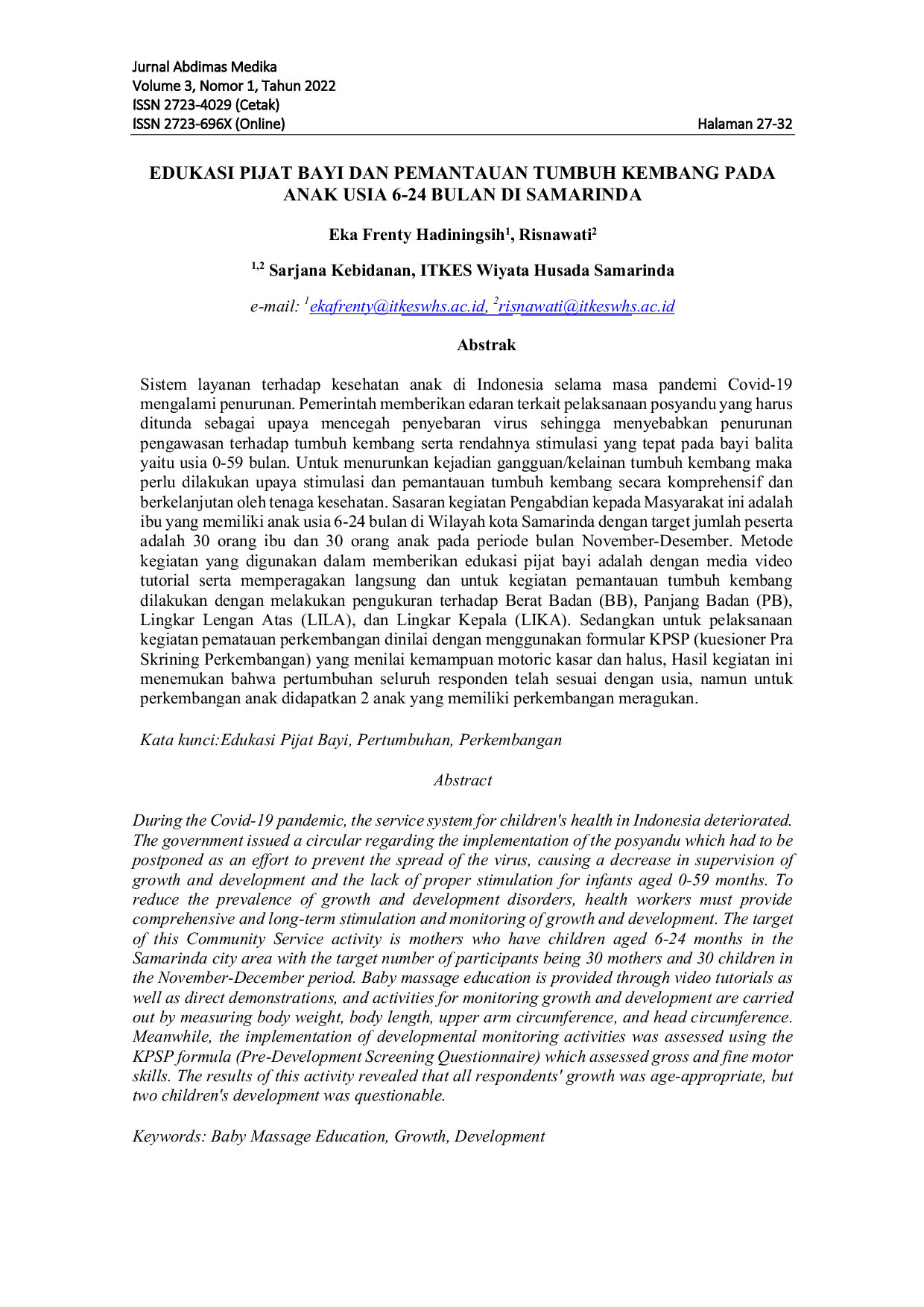 JURIS Edukasi Pijat Bayi Dan Pemantauan Tumbuh Kembang Pada Anak Usia 6 24 Bulan Di Samarinda