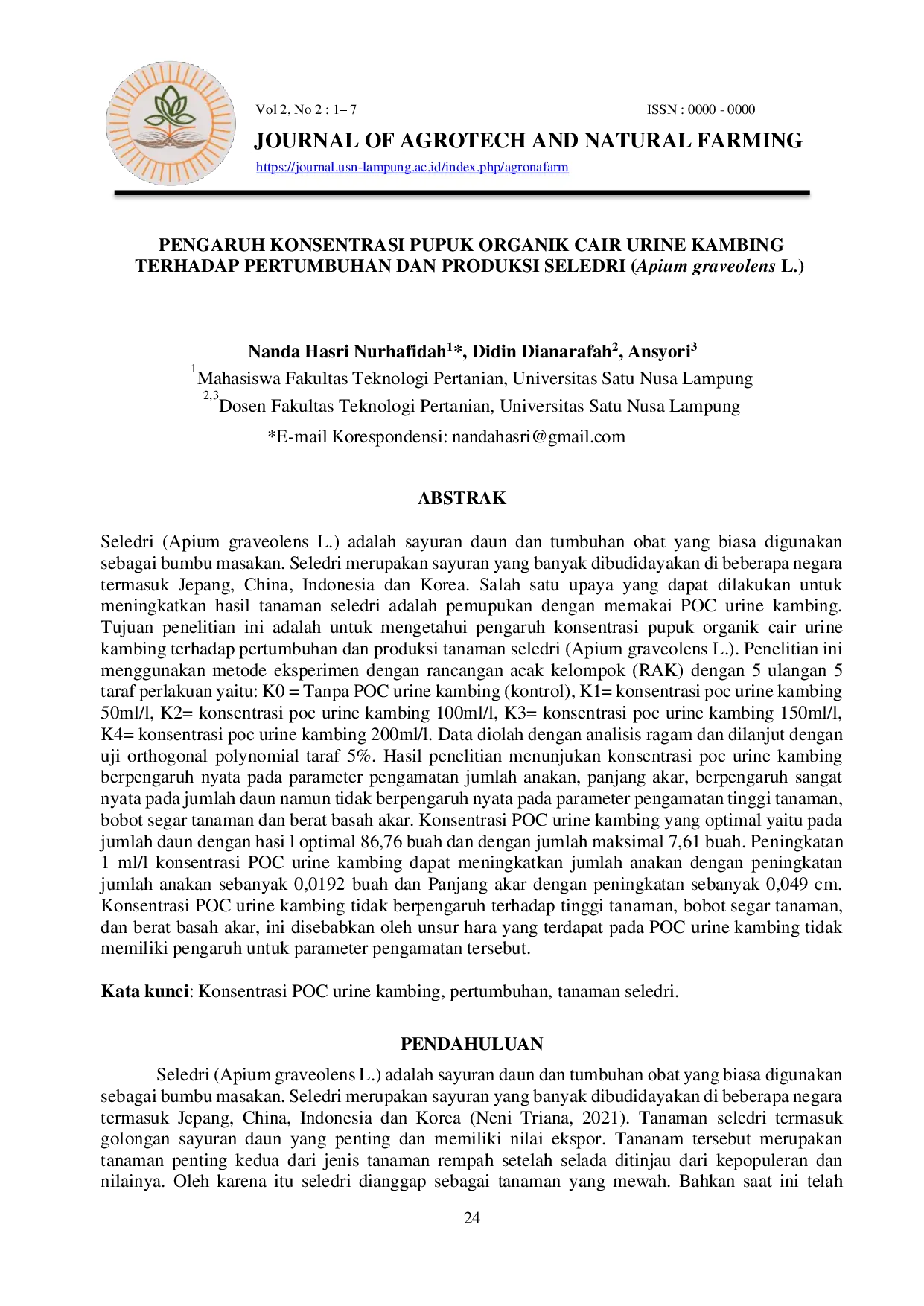 JURIS PENGARUH KONSENTRASI PUPUK ORGANIK CAIR URINE KAMBING TERHADAP PERTUMBUHAN DAN PRODUKSI SELEDRI Apium graveolens L