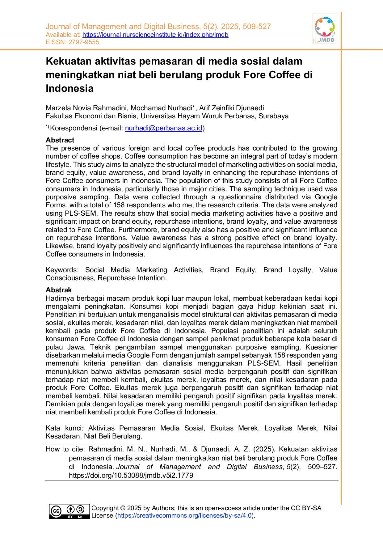 JURIS Kekuatan Aktivitas Pemasaran Di Media Sosial Dalam Meningkatkan Niat Beli Berulang Produk Fore Coffee Di Indonesia