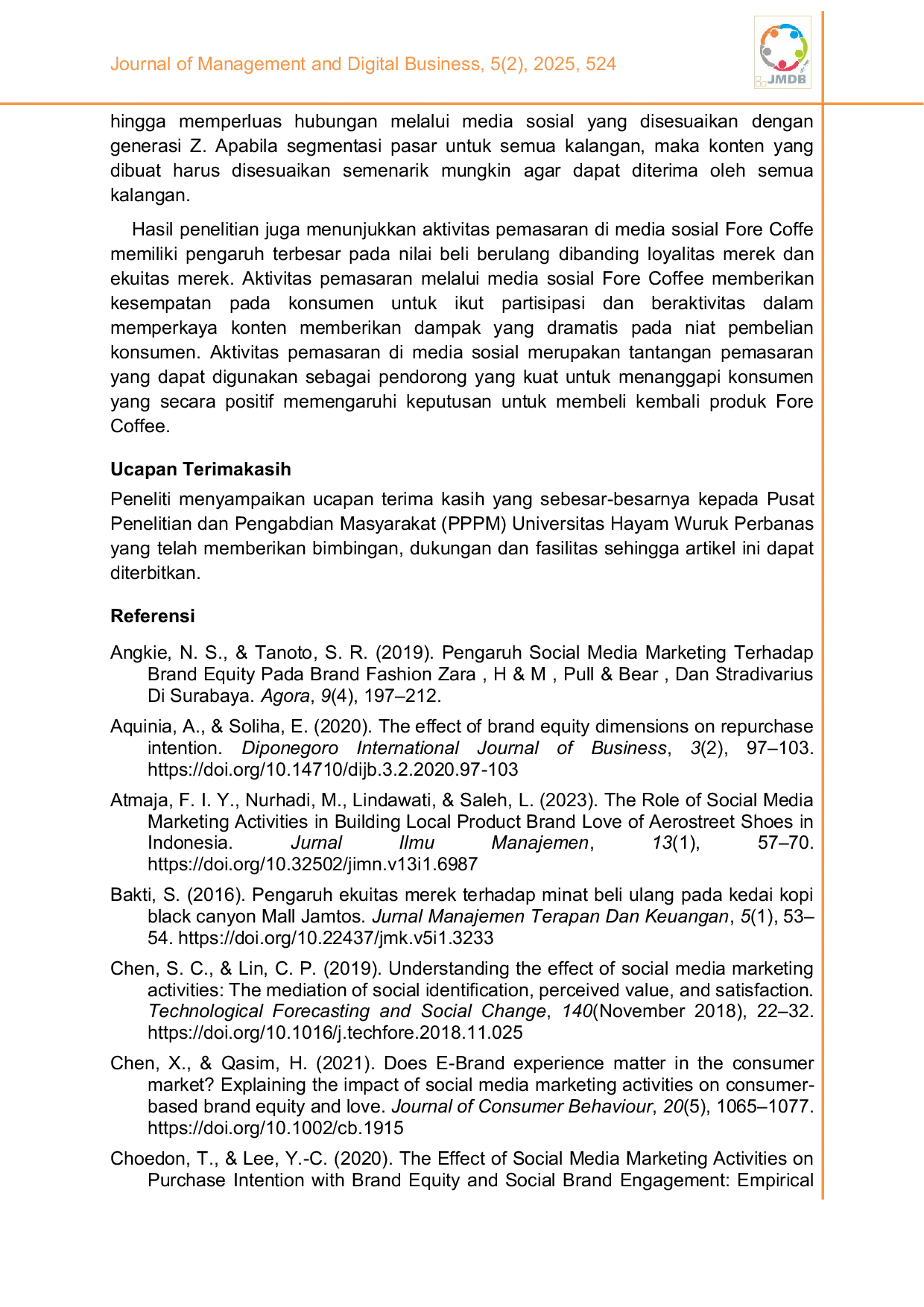 JURIS Kekuatan Aktivitas Pemasaran Di Media Sosial Dalam Meningkatkan Niat Beli Berulang Produk Fore Coffee Di Indonesia