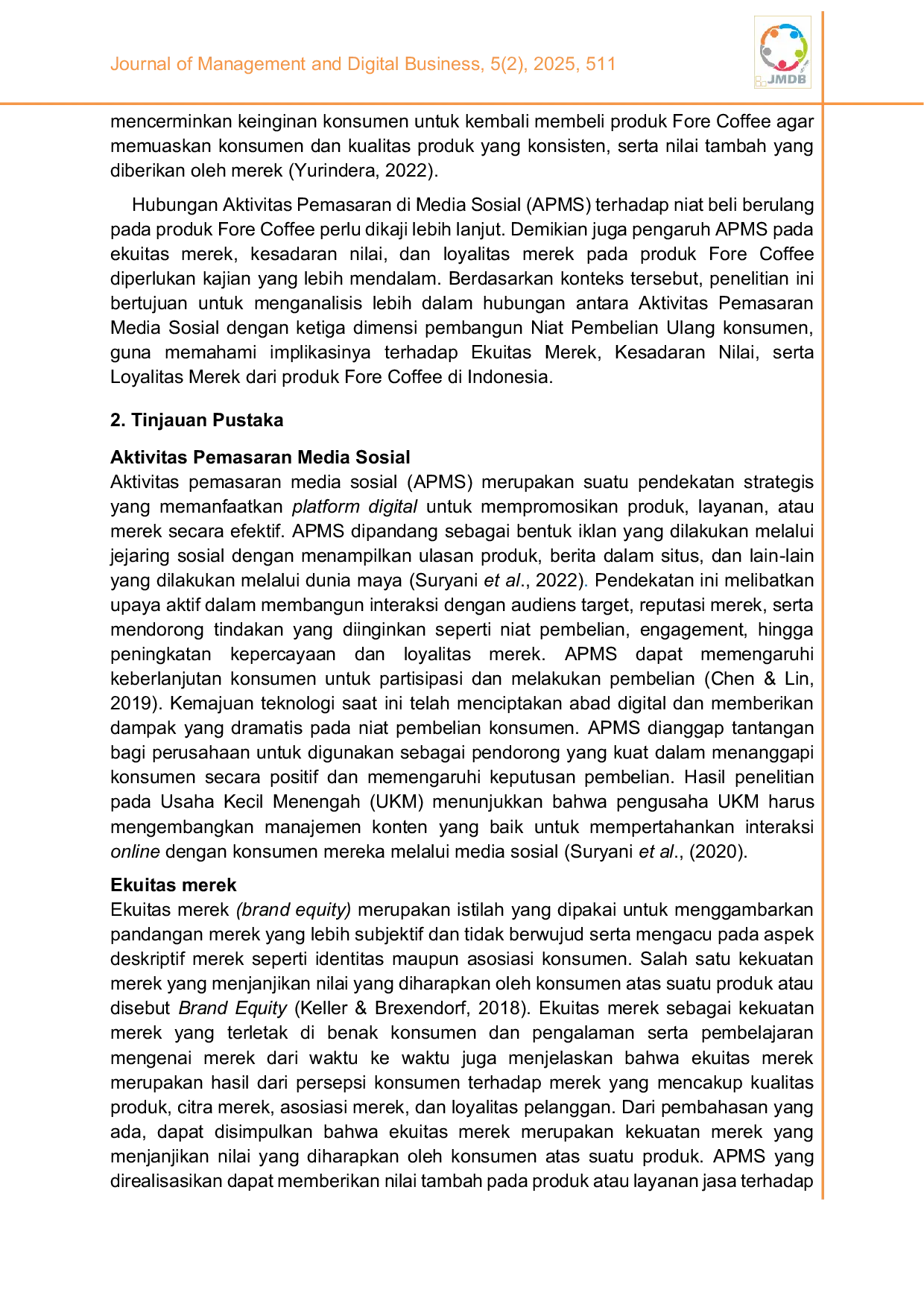 JURIS Kekuatan Aktivitas Pemasaran Di Media Sosial Dalam Meningkatkan Niat Beli Berulang Produk Fore Coffee Di Indonesia