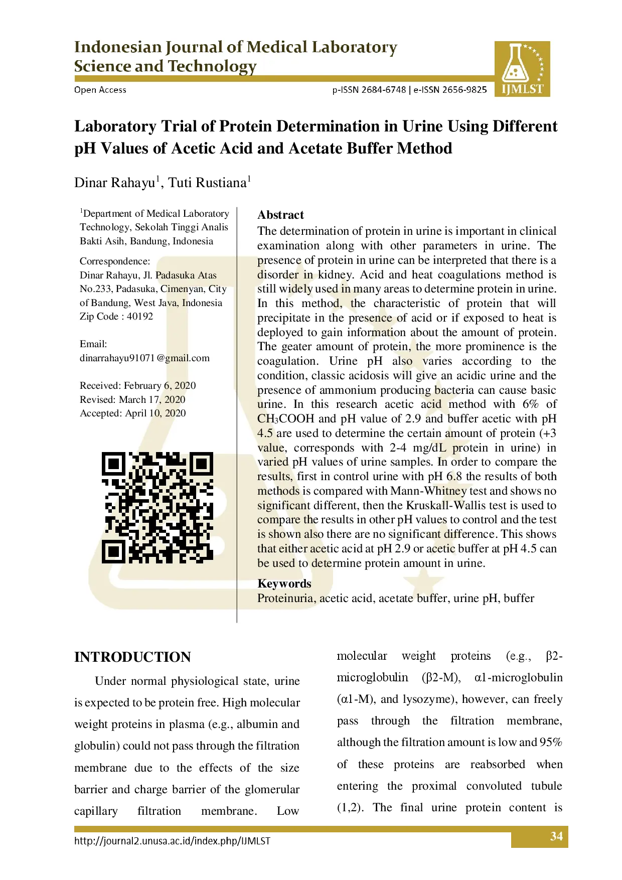 juris Laboratory Trial Of Protein Determination In Urine Using Different pH Values Of Acetic Acid And Acetate Buffer Method