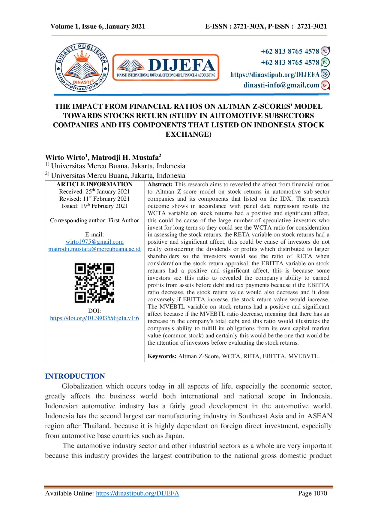juris The Impact From Financial Ratios On Altman Z Scores Model Towards Stocks Return Study In Automotive Subsector Companies And Its Components That Listed On Indonesia Stock Exchange