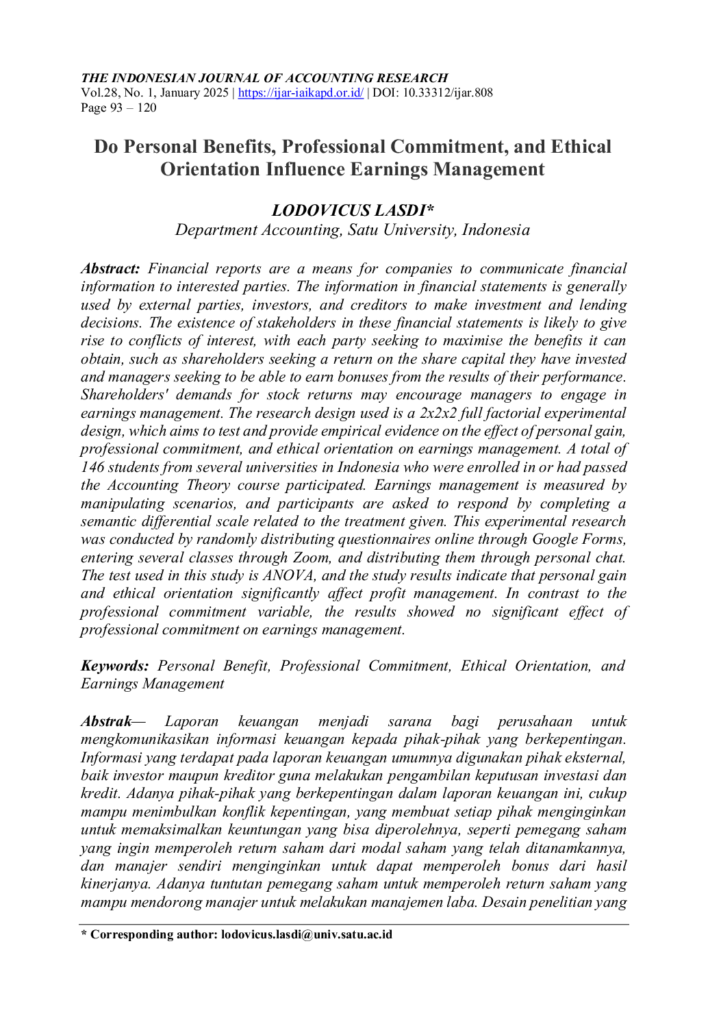 JURIS Do Personal Benefits Professional Commitment and Ethical Orientation Influence Earnings Management