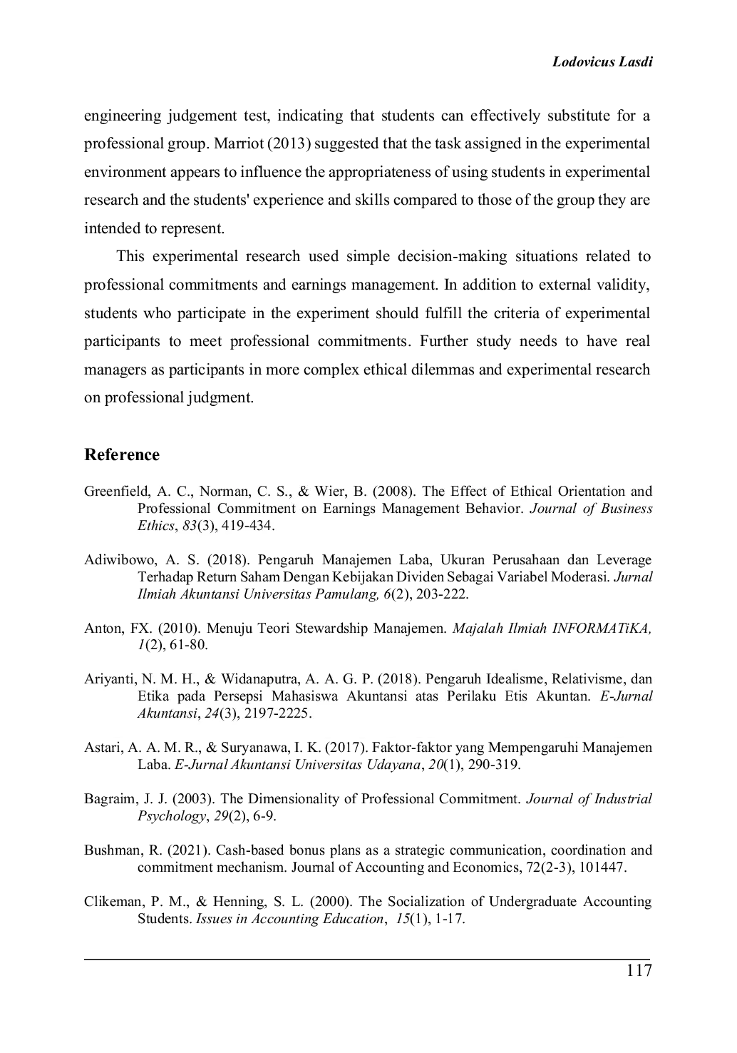 JURIS Do Personal Benefits Professional Commitment and Ethical Orientation Influence Earnings Management