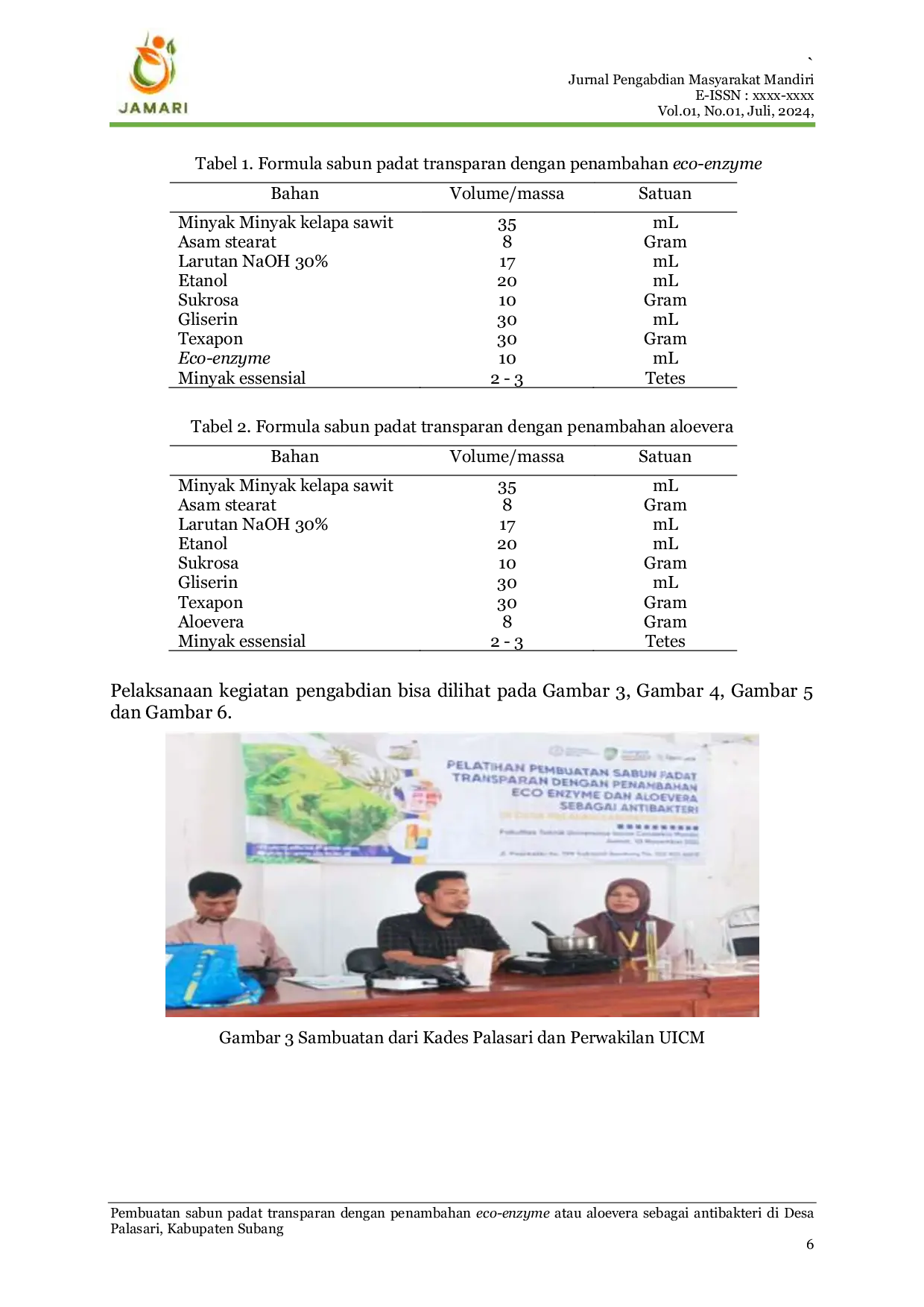 JURIS Pembuatan Sabun Padat Transparan dengan Penambahan Eco Enzyme atau Aloe Vera sebagai Antibakteri di Desa Palasari Kabupaten Subang
