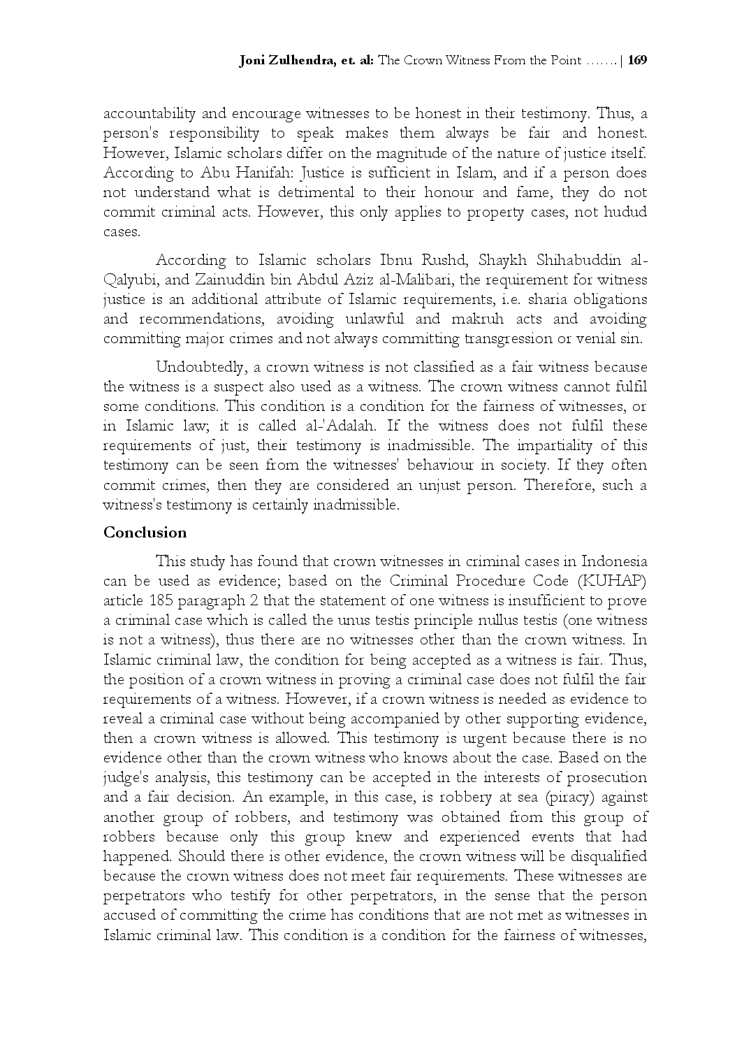juris The Crown Witness From the Point of View of Islamic Criminal Law in Truth Discovery of Criminal Cases in Indonesia