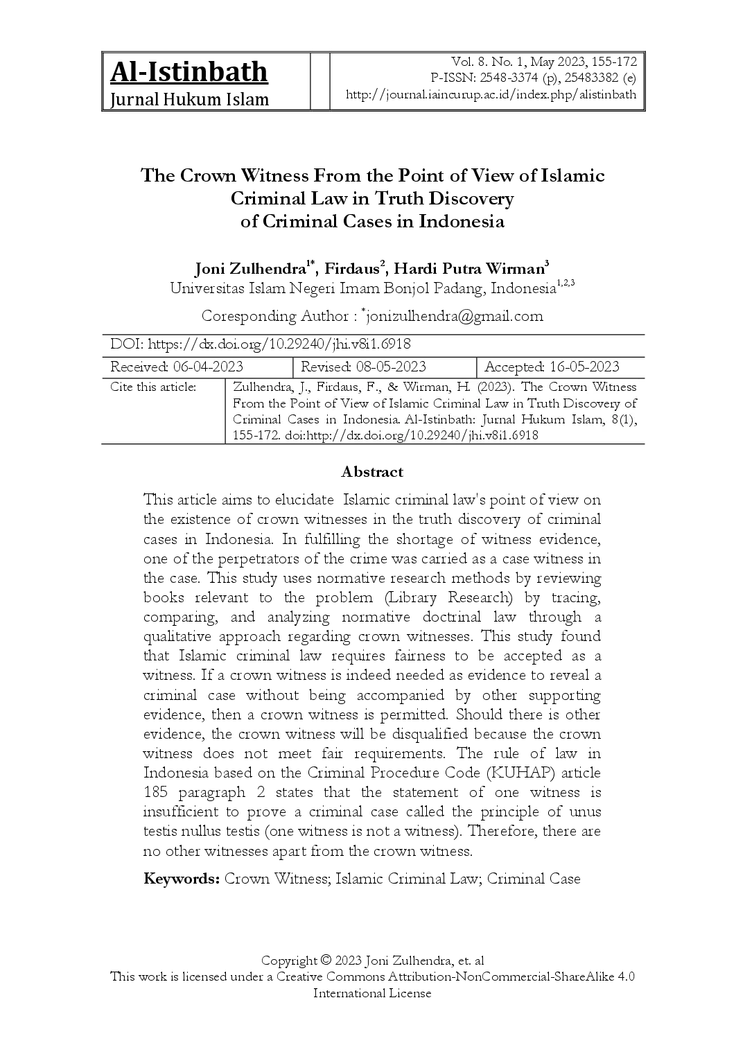 juris The Crown Witness From the Point of View of Islamic Criminal Law in Truth Discovery of Criminal Cases in Indonesia