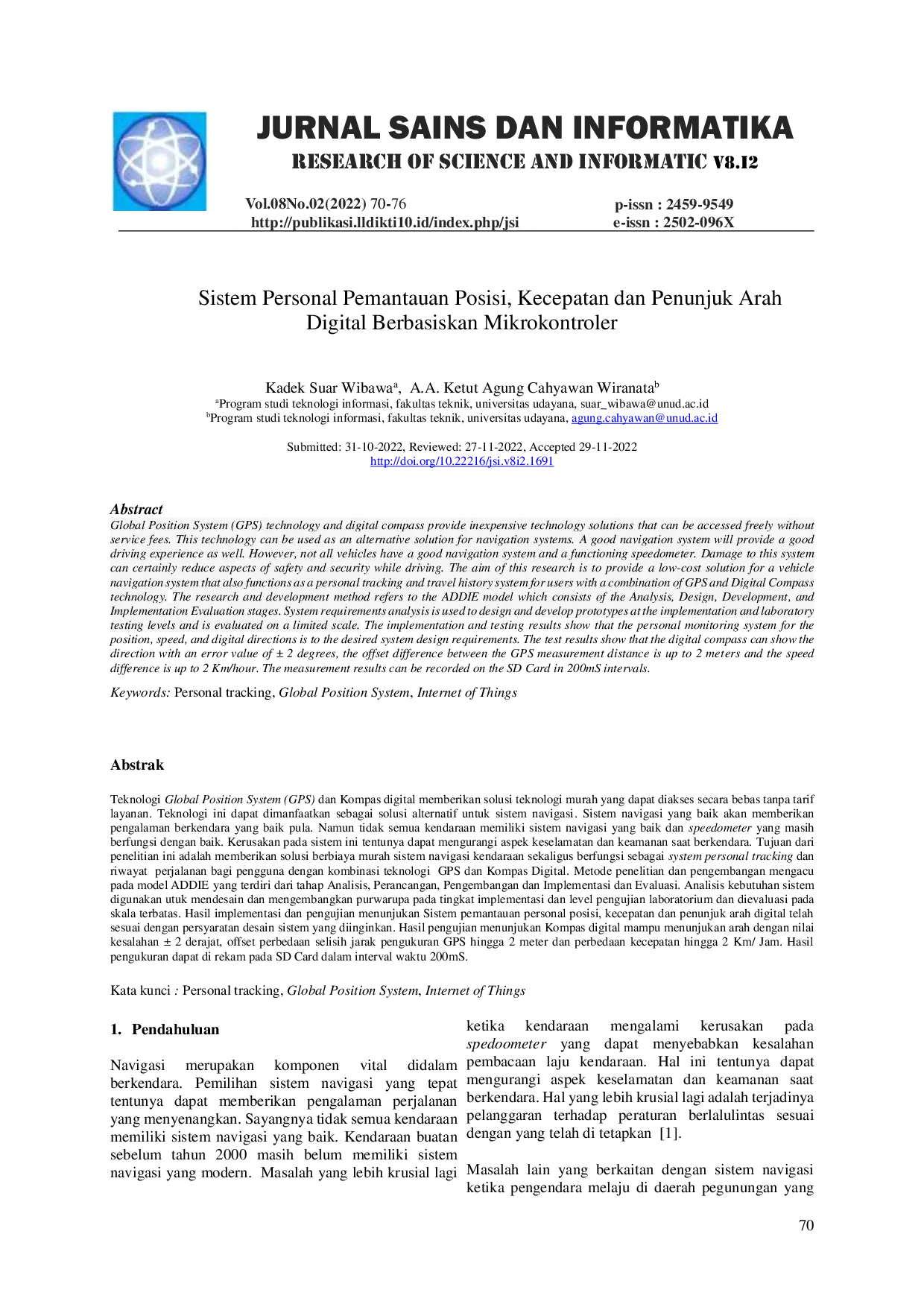 JURIS Sistem Personal Pemantauan Posisi Kecepatan dan Penunjuk Arah Digital Berbasiskan Mikrokontroler