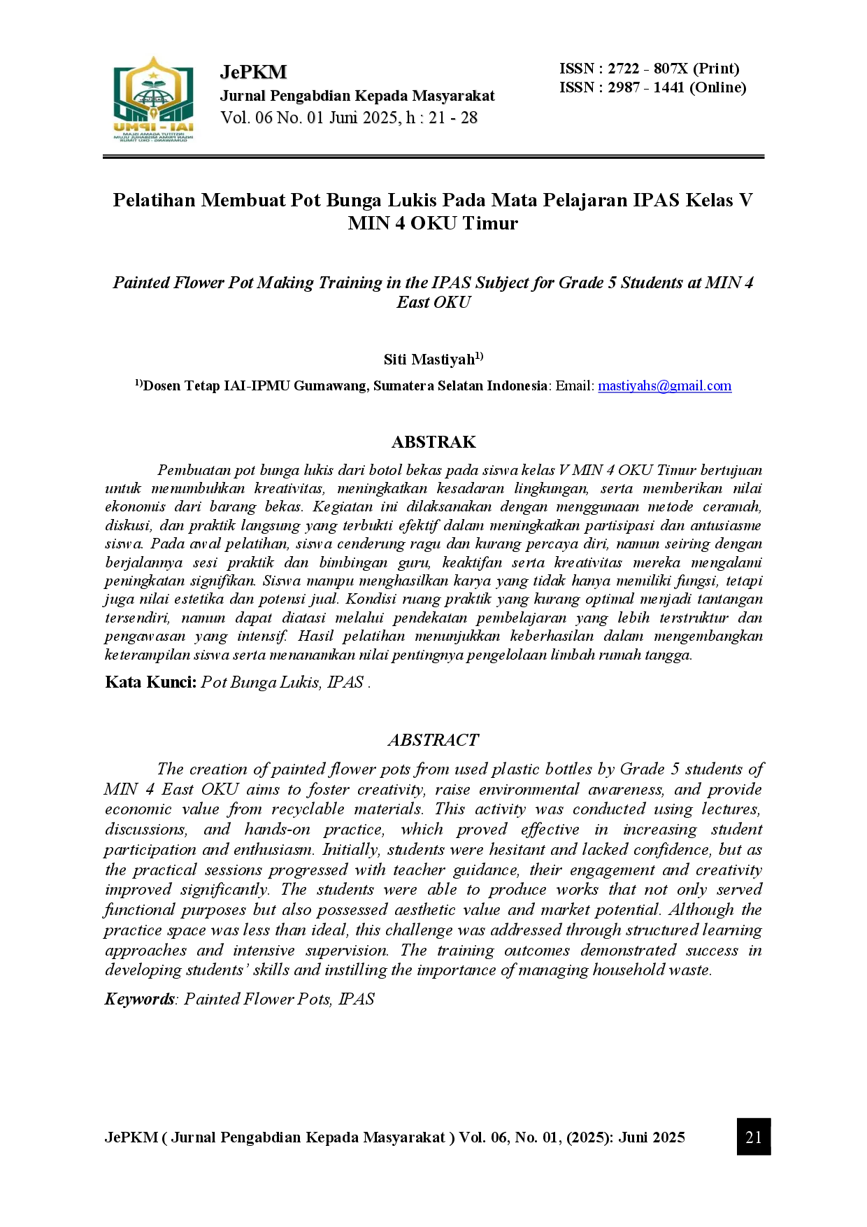 juris Painted Flower Pot Making Training in the IPAS Subject for Grade 5 Students at MIN 4 East OKU