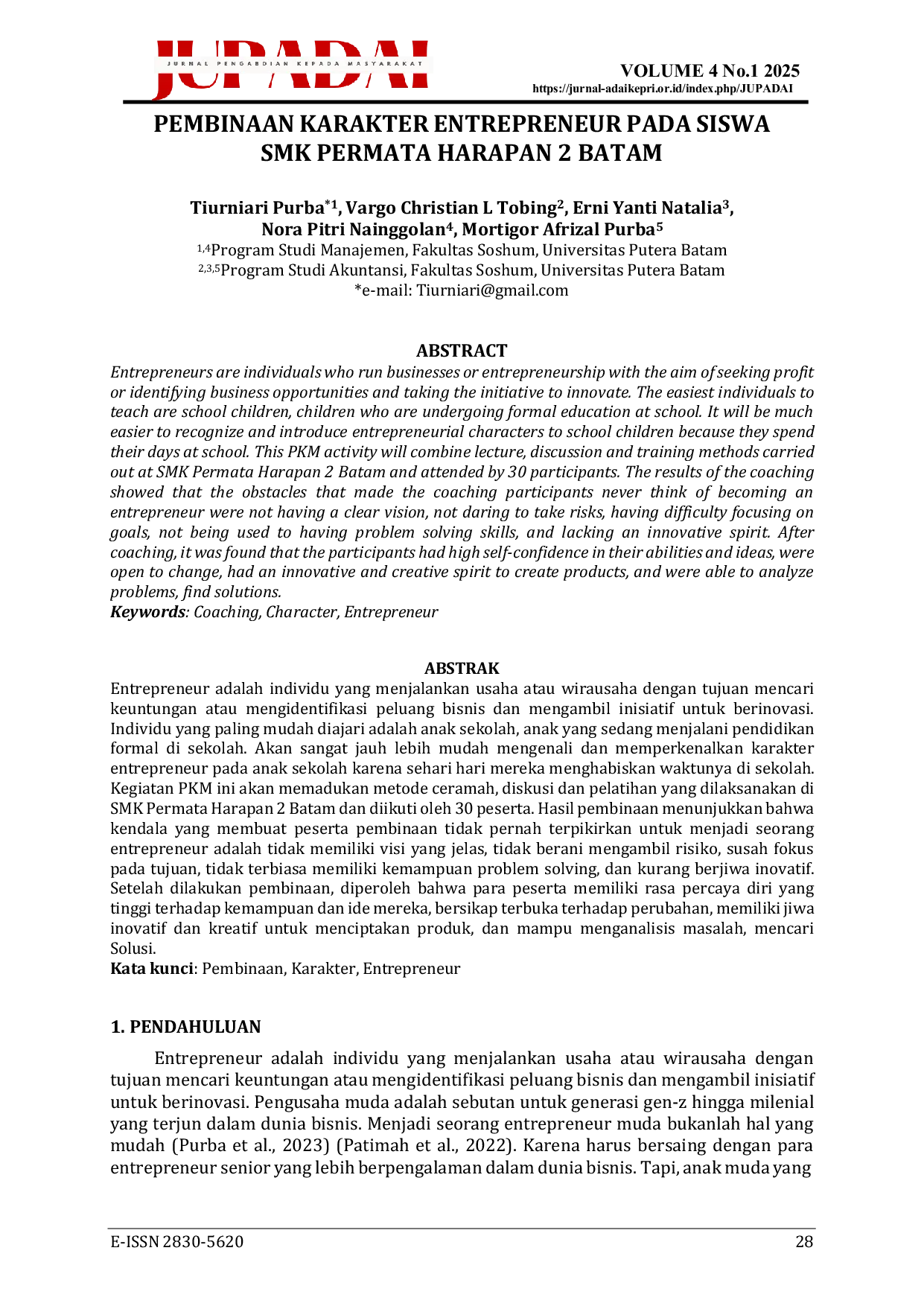 JURIS Pembinaan Karakter Entrepreneur Pada Siswa SMK Permata Harapan 2 Batam