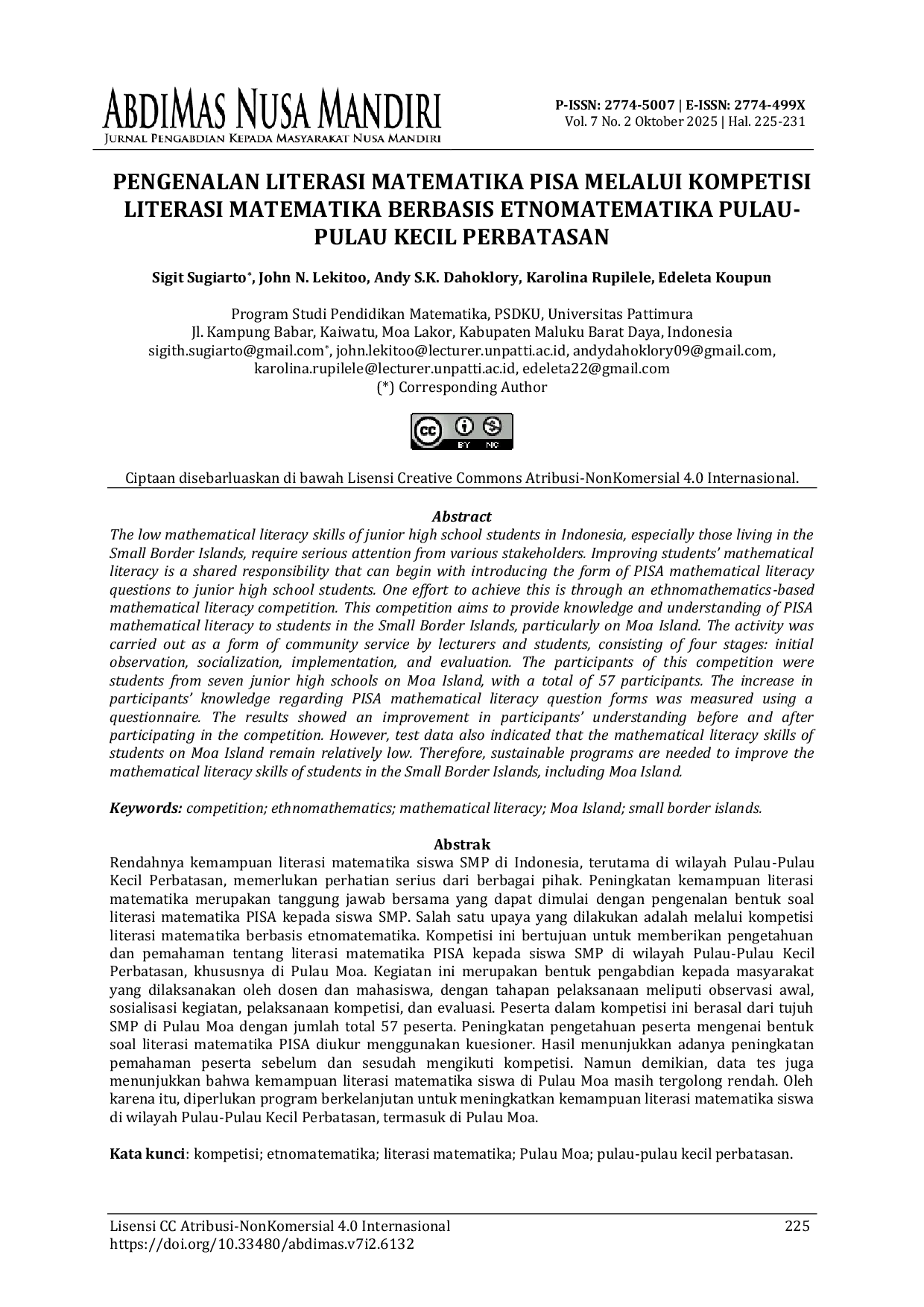 JURIS Pengenalan Literasi Matematika Pisa Melalui Kompetisi Literasi Matematika Berbasis Etnomatematika Pulau Pulau Kecil Perbatasan
