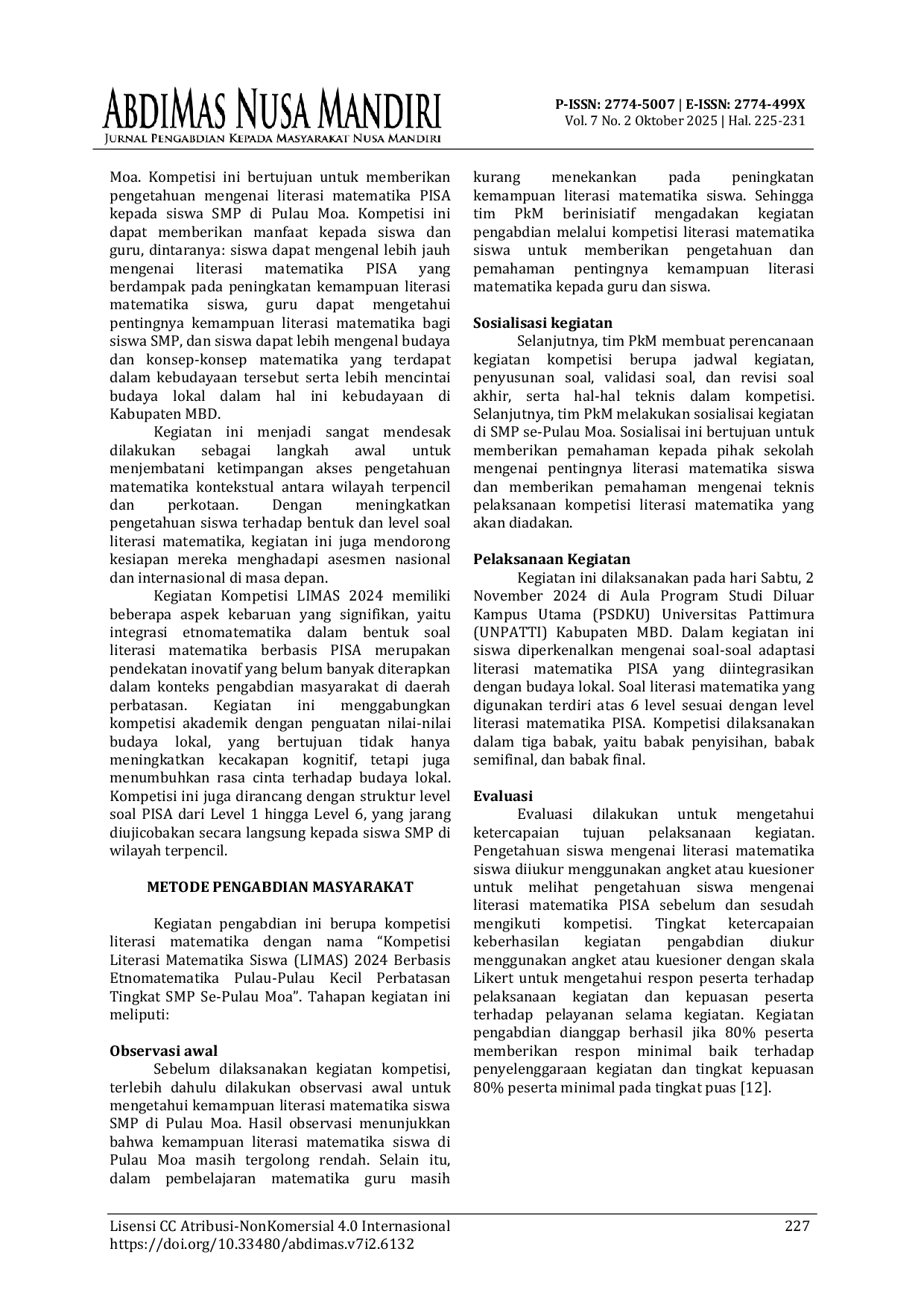 JURIS Pengenalan Literasi Matematika Pisa Melalui Kompetisi Literasi Matematika Berbasis Etnomatematika Pulau Pulau Kecil Perbatasan