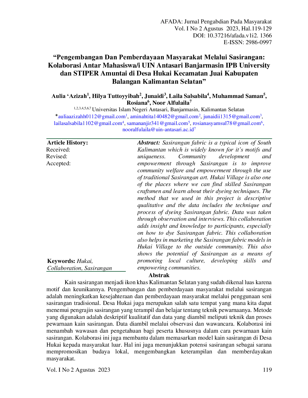 JURIS Pengembangan Dan Pemberdayaan Masyarakat Melalui Sasirangan Kolaborasi Antar Mahasiswa i UIN Antasari Banjarmasin IPB University dan STIPER Amuntai di Desa Hukai Kecamatan Juai Kabupaten Balangan