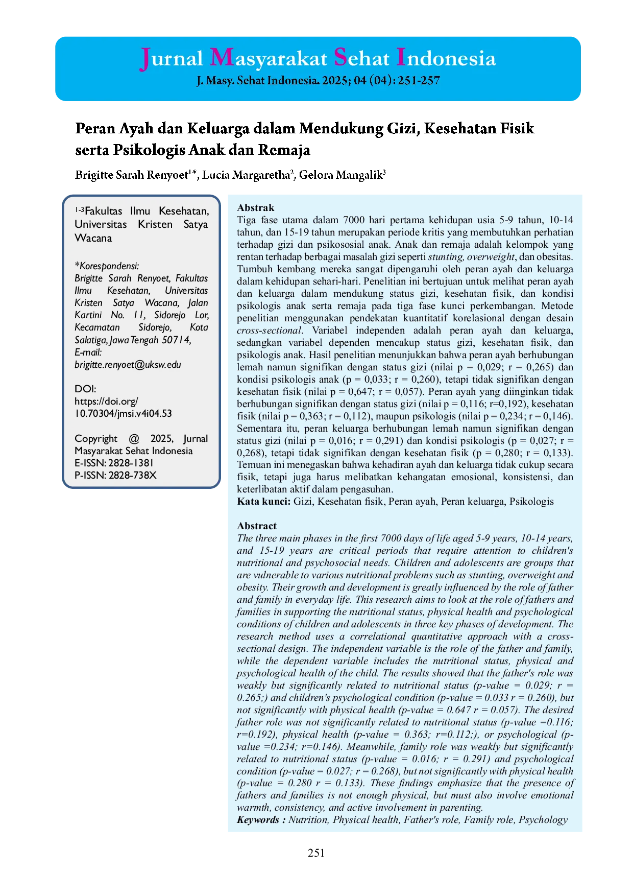 JURIS Peran Ayah dan Keluarga dalam Mendukung Gizi Kesehatan Fisik serta Psikologis Anak dan Remaja