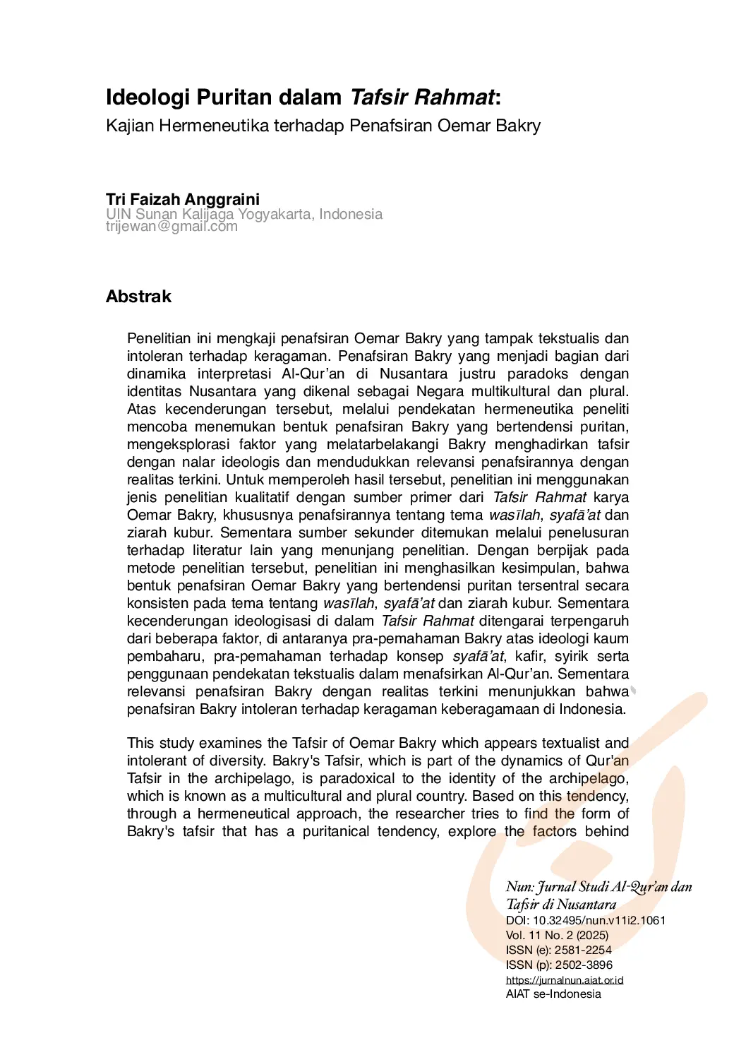 JURIS Ideologi Puritan Dalam Tafsir Rahmat Kajian Hermeneutika Terhadap Penafsiran Oemar Bakry