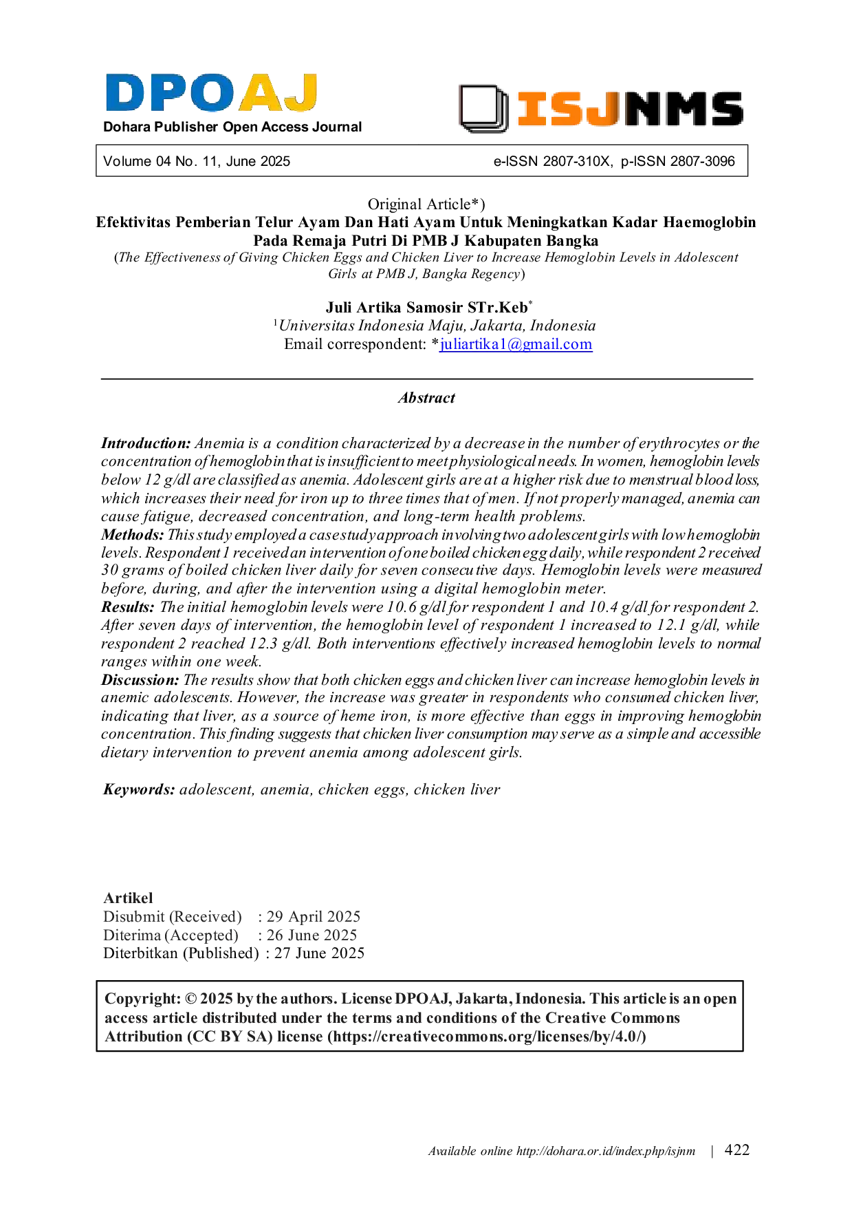 JURIS Efektivitas Pemberian Telur Ayam dan Hati Ayam untuk Meningkatkan Kadar Hemoglobin pada Remaja Putri di PMB J Kabupaten Bangka