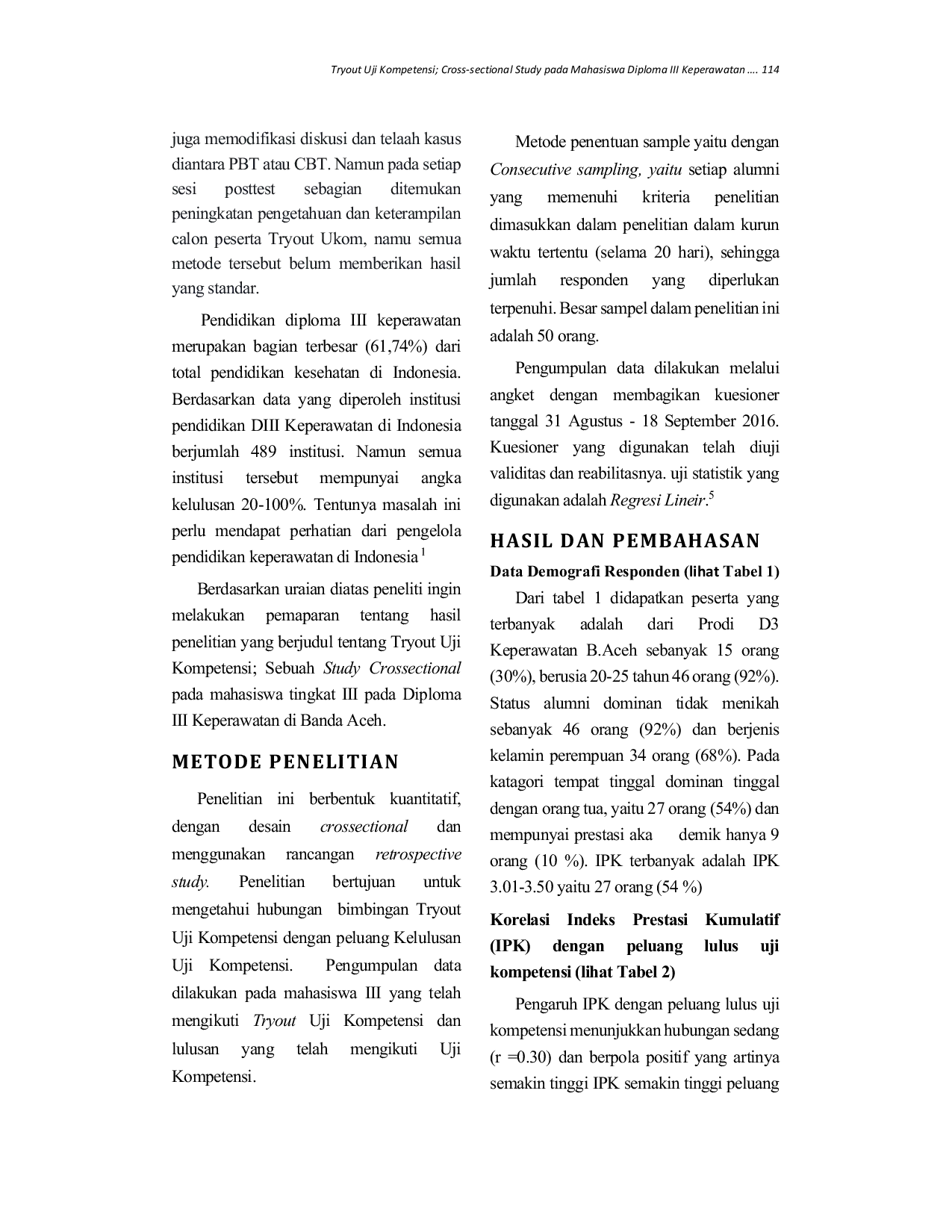 JURIS Tryout Uji Kompetensi Cross sectional Study pada Mahasiswa Diploma III Keperawatan di Banda Aceh
