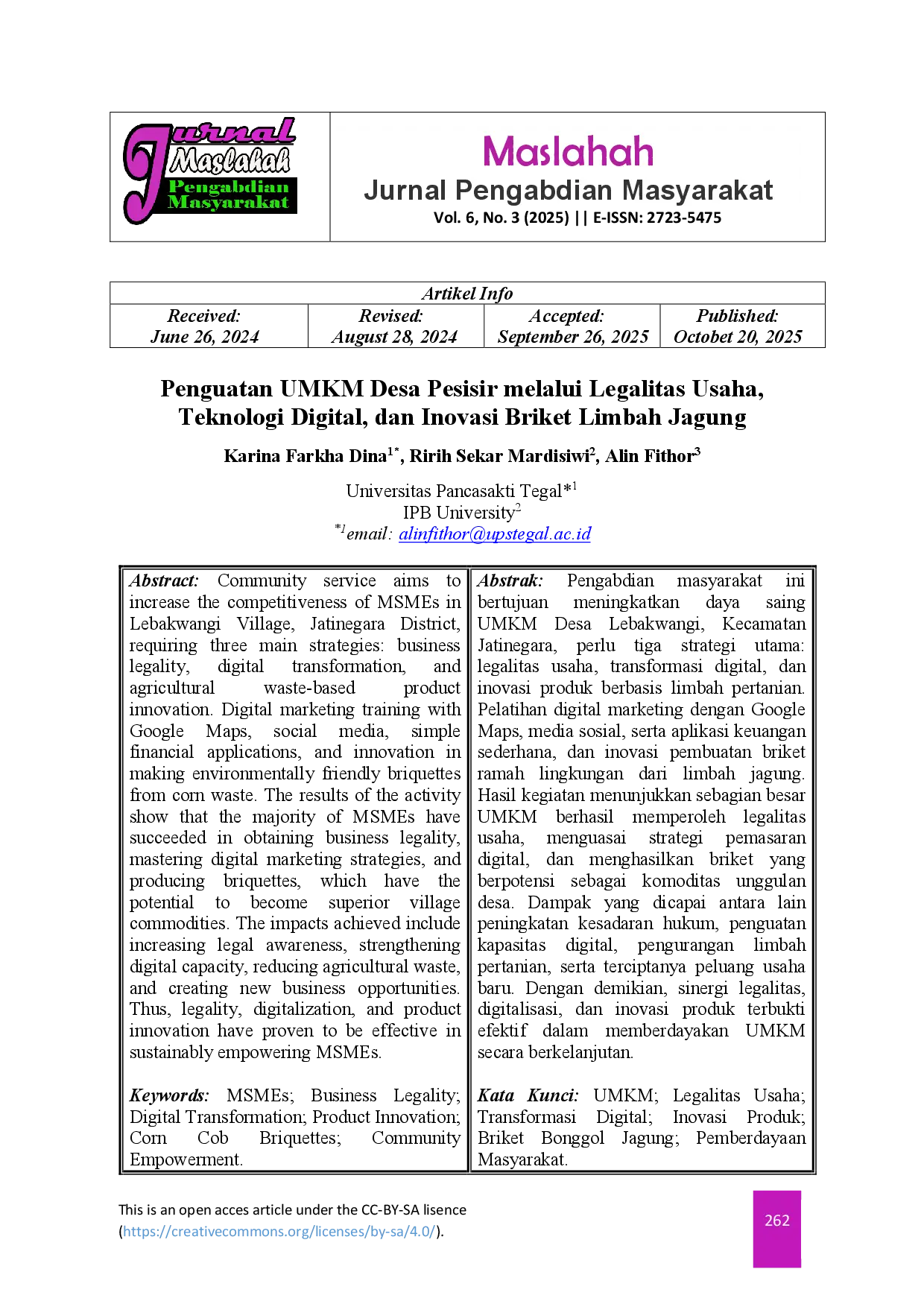 juris Penguatan UMKM Desa Pesisir melalui Legalitas Usaha Teknologi Digital dan Inovasi Briket Limbah Jagung