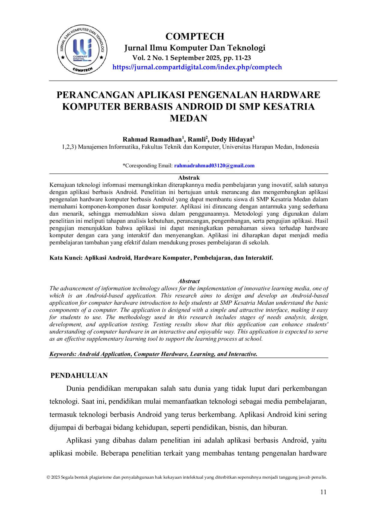 JURIS Perancangan Aplikasi Pengenalan Hardware Komputer Berbasis Android di SMP Kesatria Medan