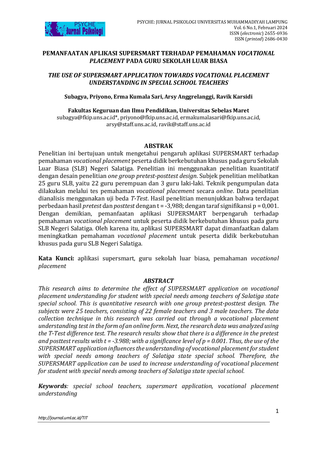 JURIS Pemanfaatan Aplikasi Supersmart Terhadap Pemahaman Vocational Placement Pada Guru Sekolah Luar Biasa