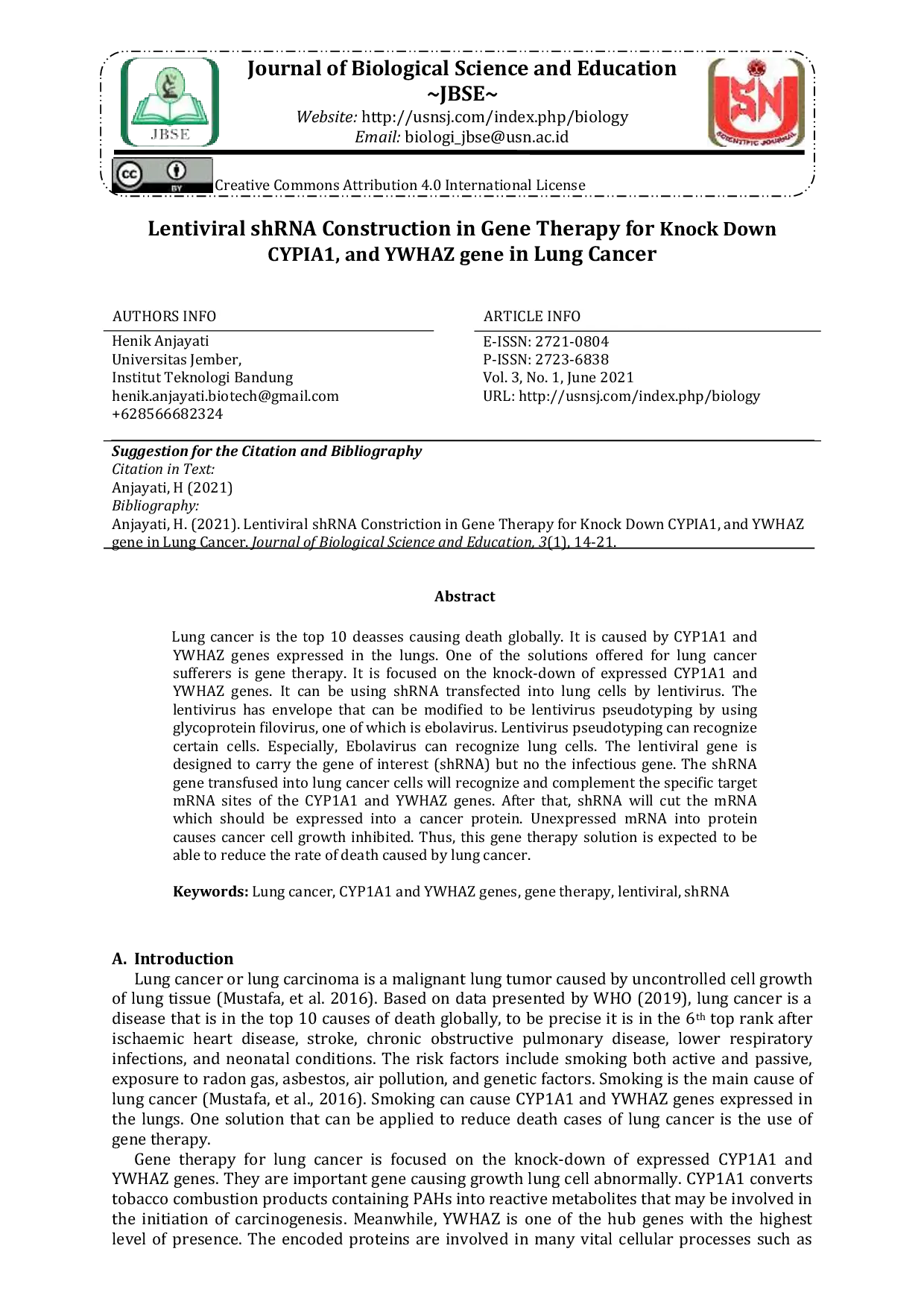 JURIS Lentiviral shRNA Construction in Gene Therapy for Knock Down CYPIA1 and YWHAZ gene in Lung Cancer