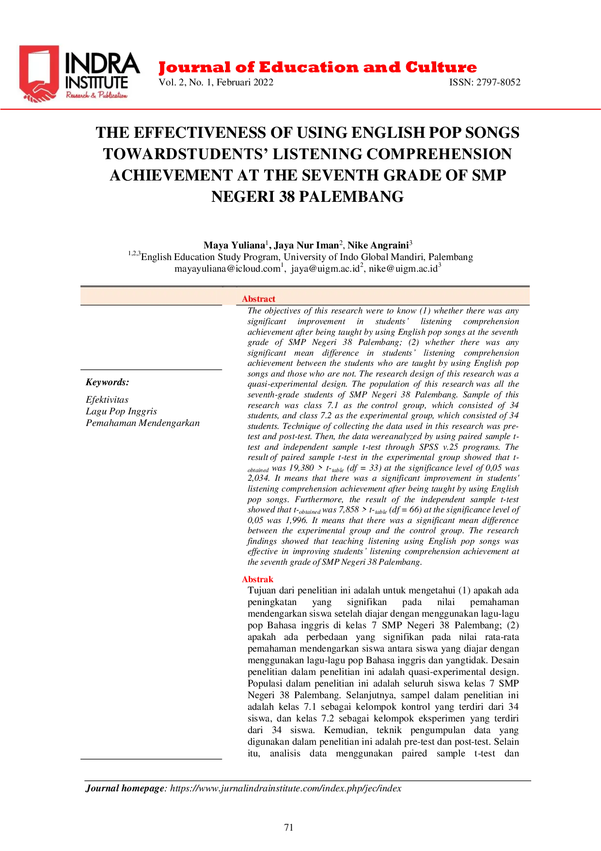 JURIS Efektivitas penggunaan Lagu Pop Bahasa Inggris Terhadap Kemampuan Menyimak Siswa pada Kelas Tujuh SMP Negeri 38 Palembang