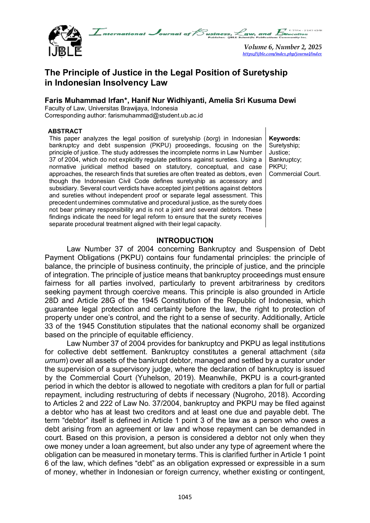 JURIS The Principle of Justice in the Legal Position of Suretyship in Indonesian Insolvency Law