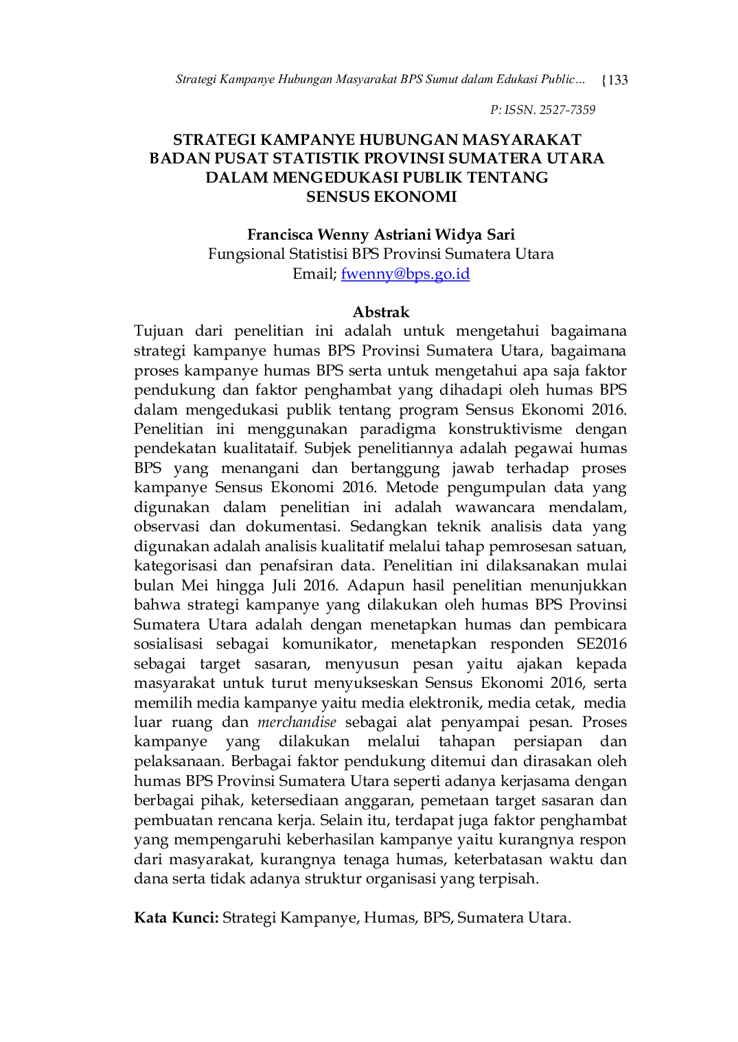 JURIS Strategi Kampanye Hubungan Masyarakat Badan Pusat Statistik Provinsi Sumatera Utara Dalam Mengedukasi Publik Tentang Sensus Ekonomi