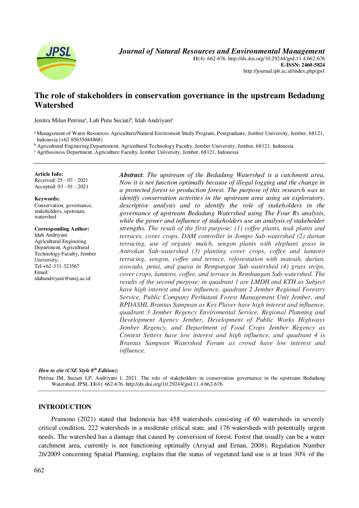 juris The Role of Stakeholders in Conseravation Governance in The Upstream Bedadung Watershed