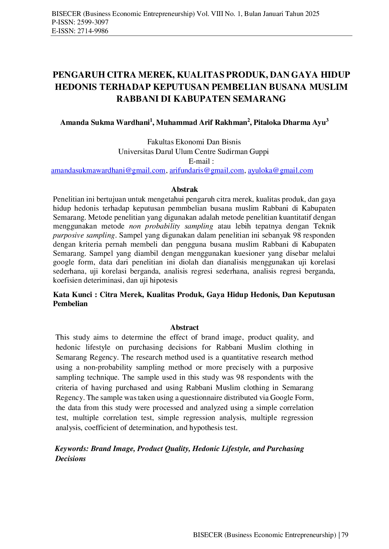 JURIS Pengaruh Citra Merek Kualitas Produk Dan Gaya Hidup Hedonis Terhadap Keputusan Pembelian Busana Muslim Rabbani Di Kabupaten Semarang