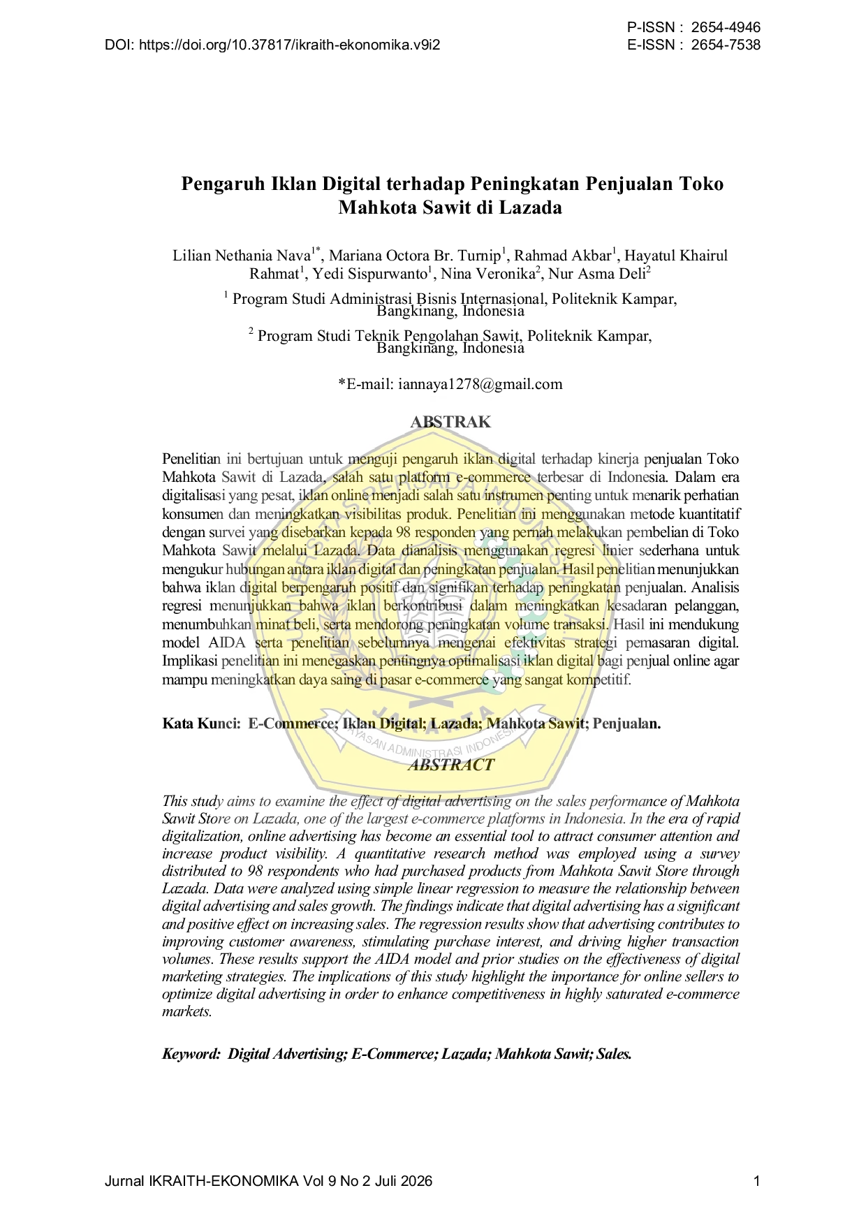 JURIS Pengaruh Iklan Digital terhadap Peningkatan Penjualan Toko Mahkota Sawit di Lazada