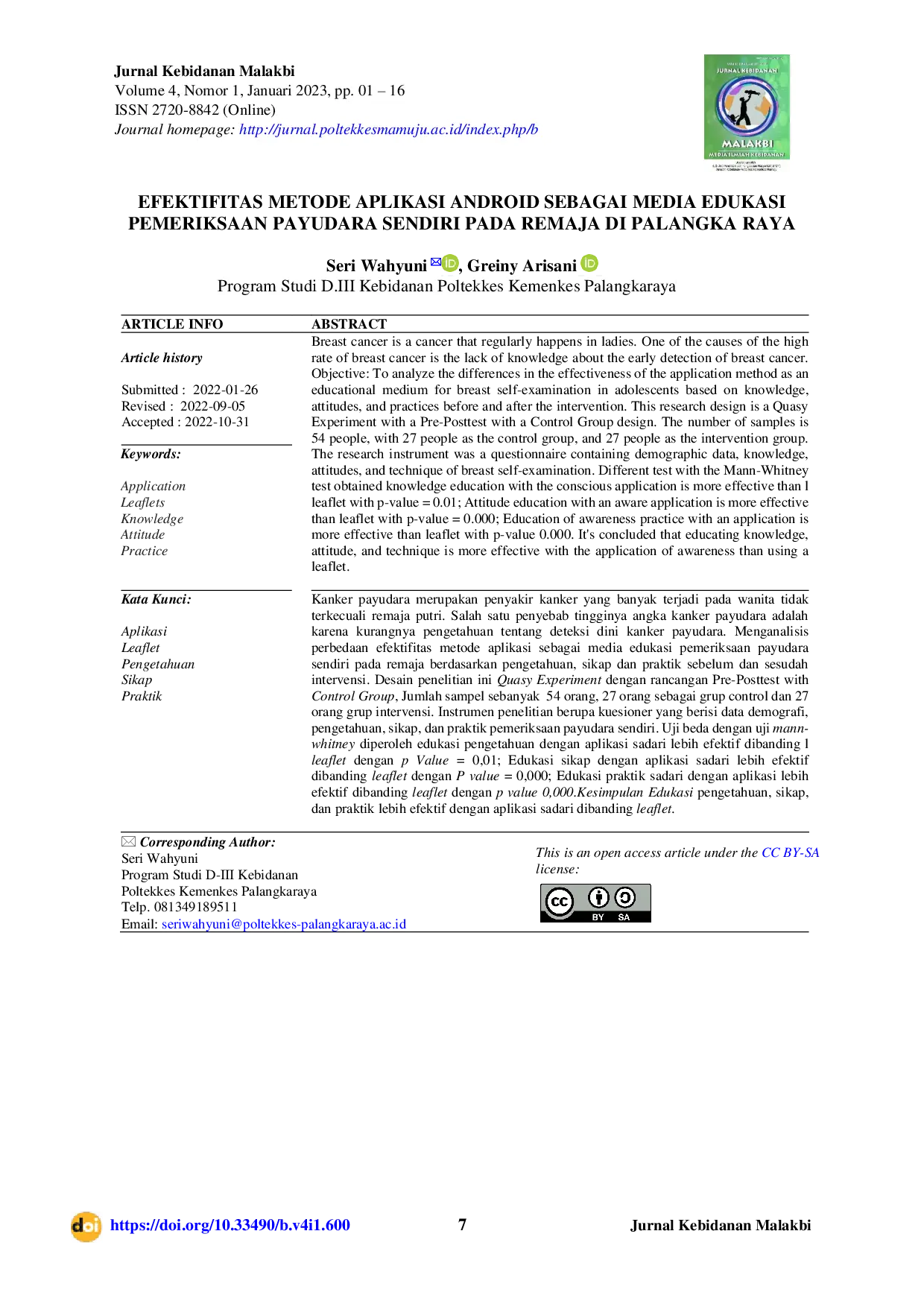 JURIS Efektifitas Metode Aplikasi Android sebagai Media Edukasi Pemeriksaan Payudara Sendiri Pada Remaja di Palangka Raya