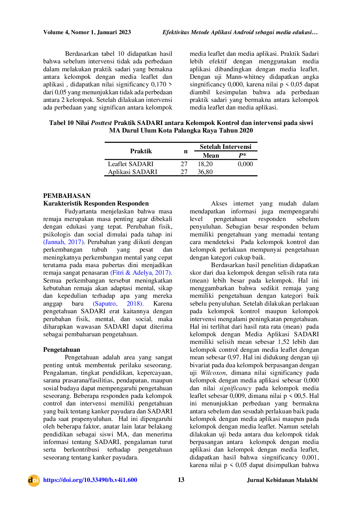 JURIS Efektifitas Metode Aplikasi Android sebagai Media Edukasi Pemeriksaan Payudara Sendiri Pada Remaja di Palangka Raya