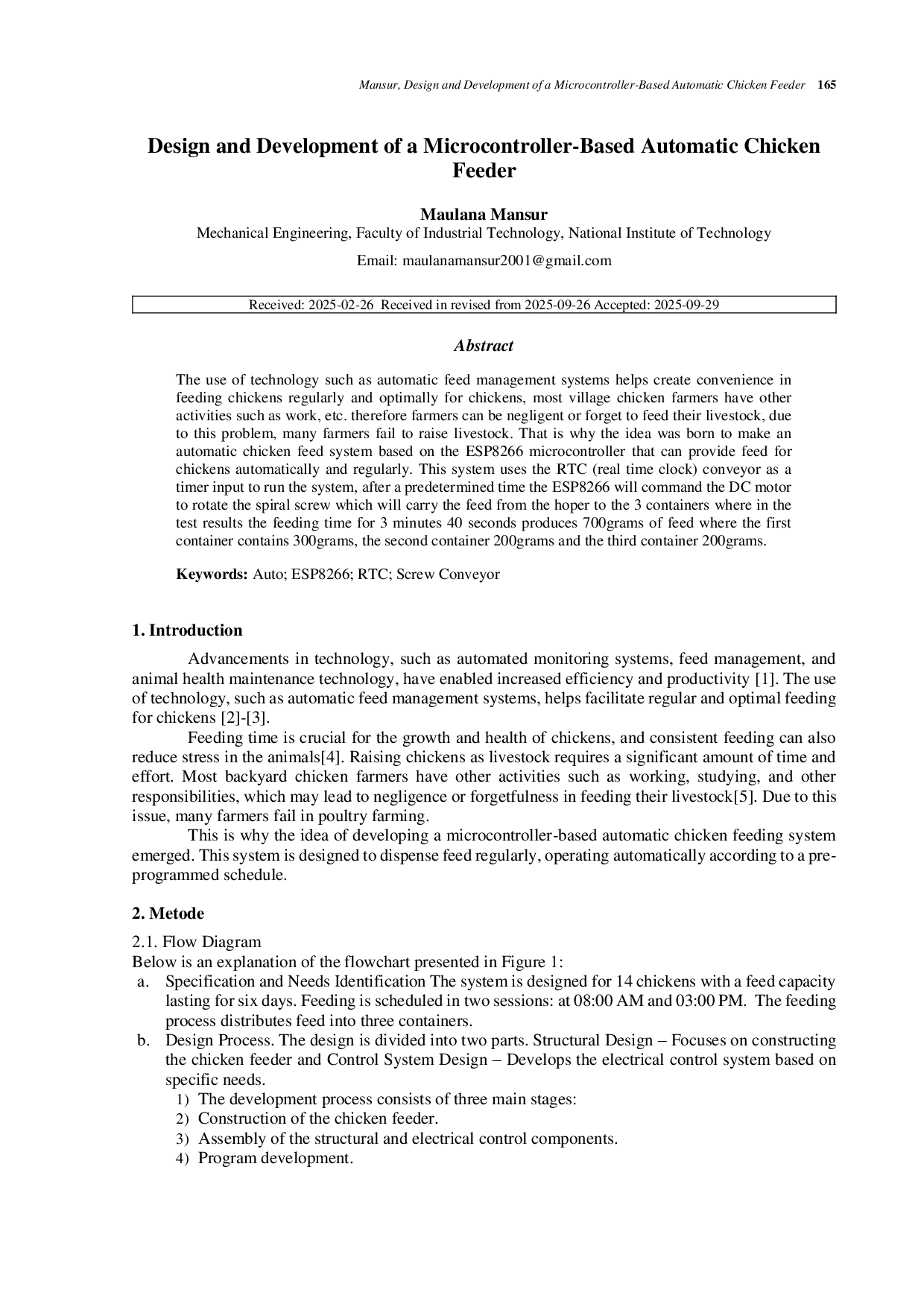 JURIS Design and Development of a Microcontroller Based Automatic Chicken Feeder