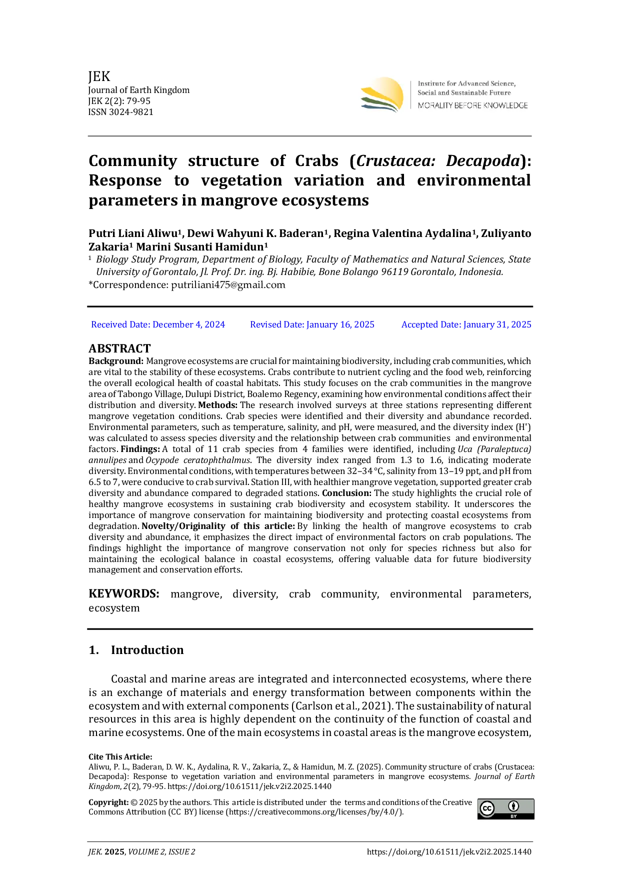 JURIS Community structure of Crabs Crustacea Decapoda Response to vegetation variation and environmental parameters in mangrove ecosystems